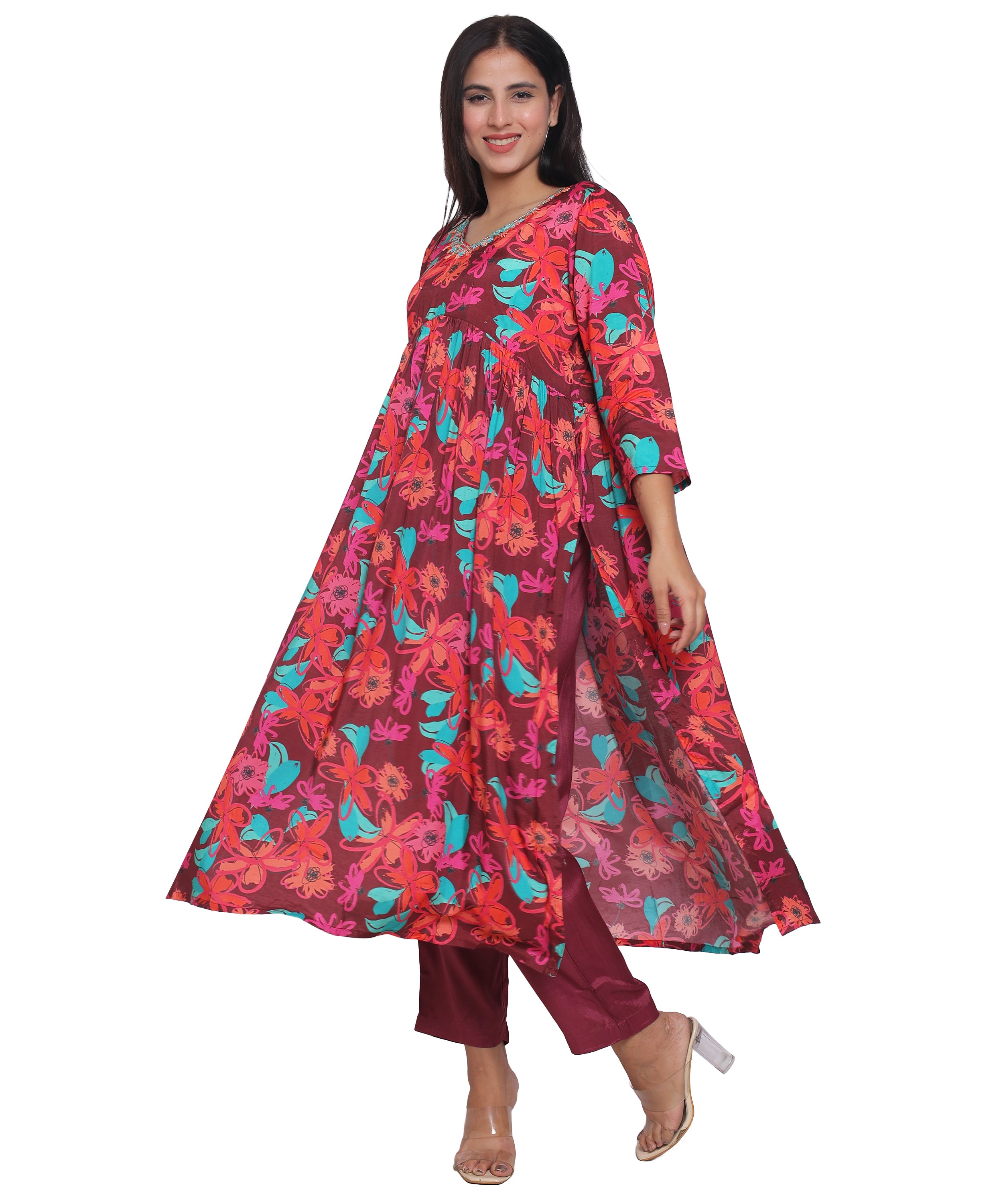 Wine Floral Alia Cut Suit with Pants in Mulmul Cotton with Handwork