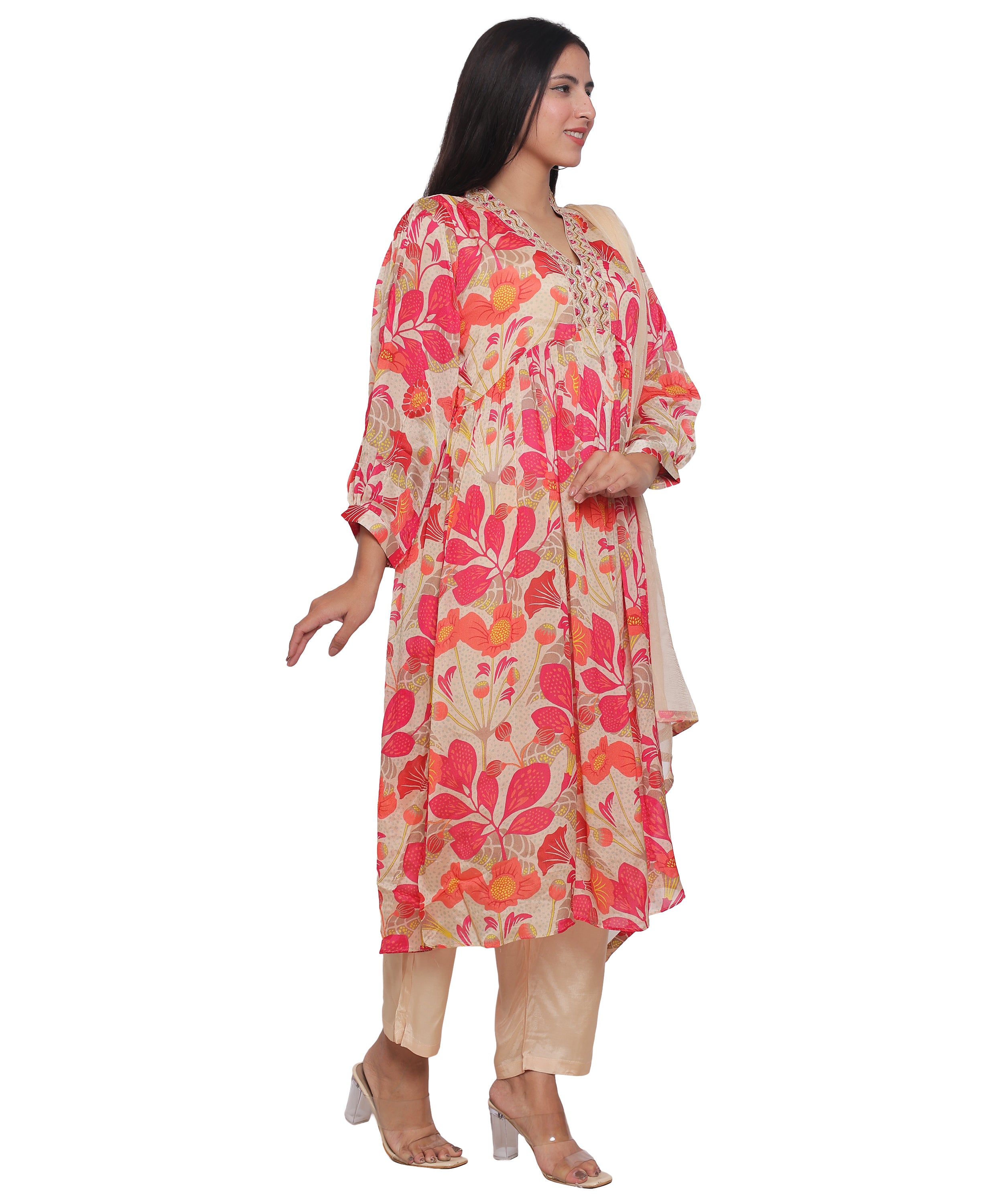 Floral Alia Cut Suit with Pants in Chinon with Handwork