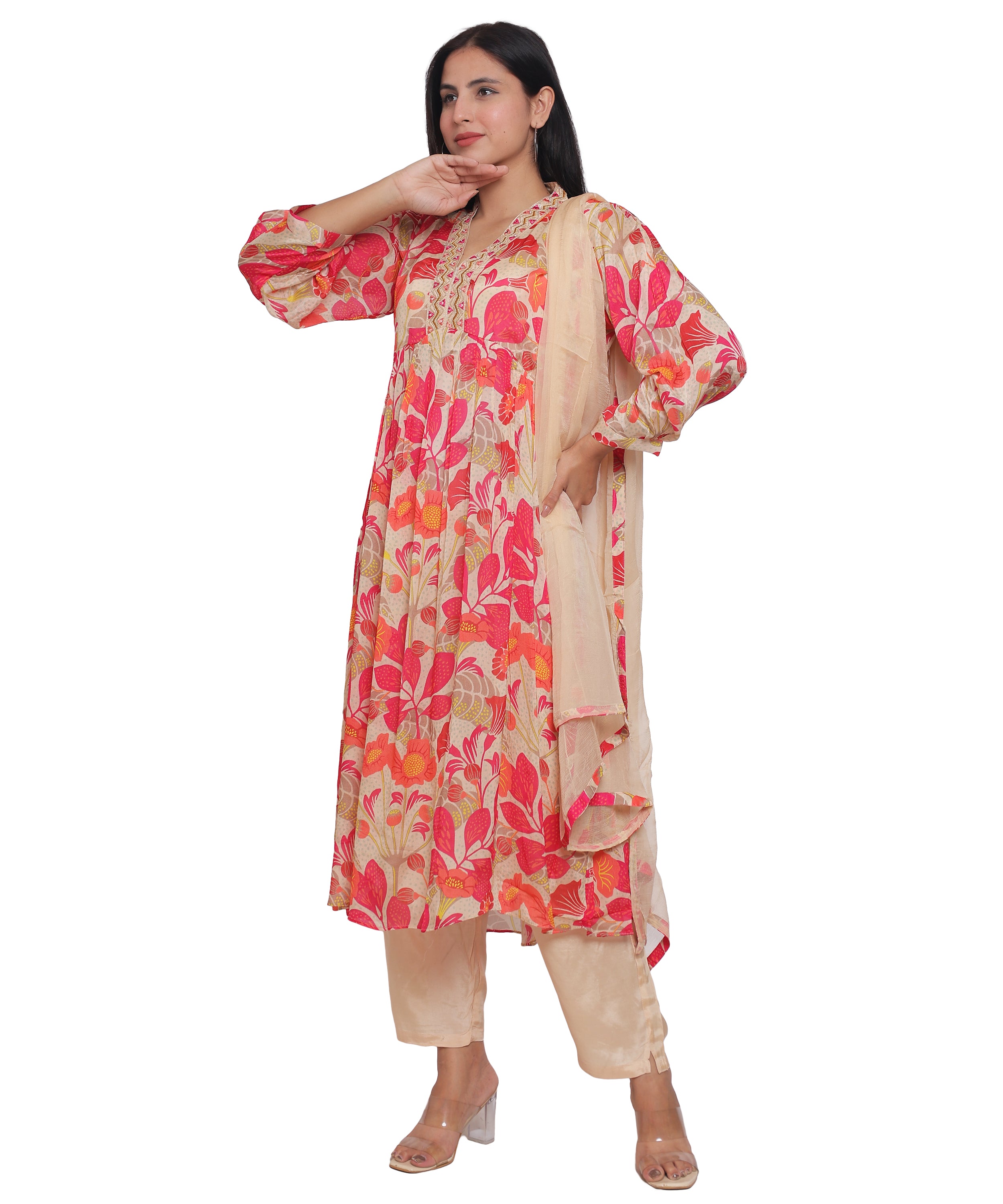 Floral Alia Cut Suit with Pants in Chinon with Handwork