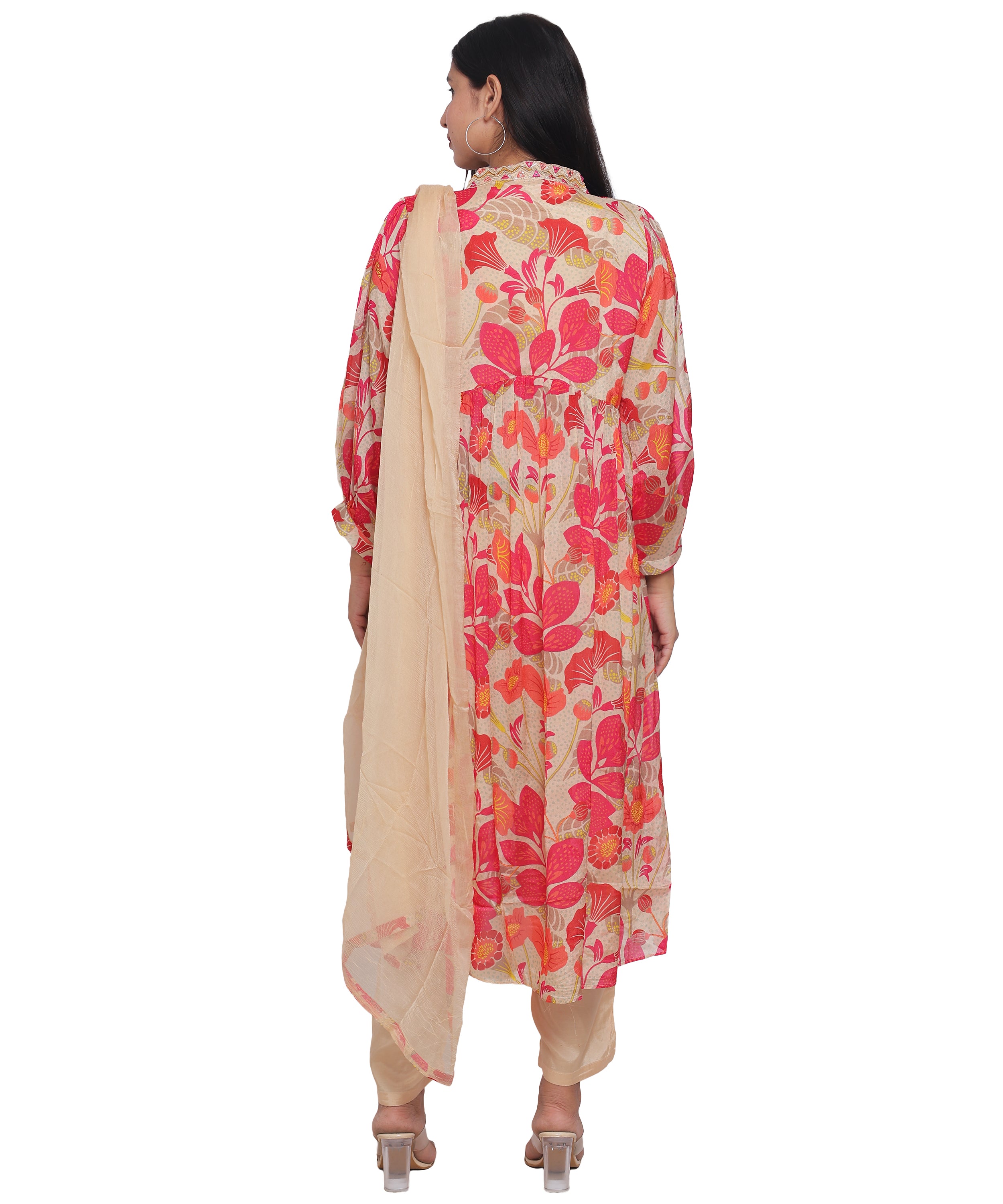 Floral Alia Cut Suit with Pants in Chinon with Handwork