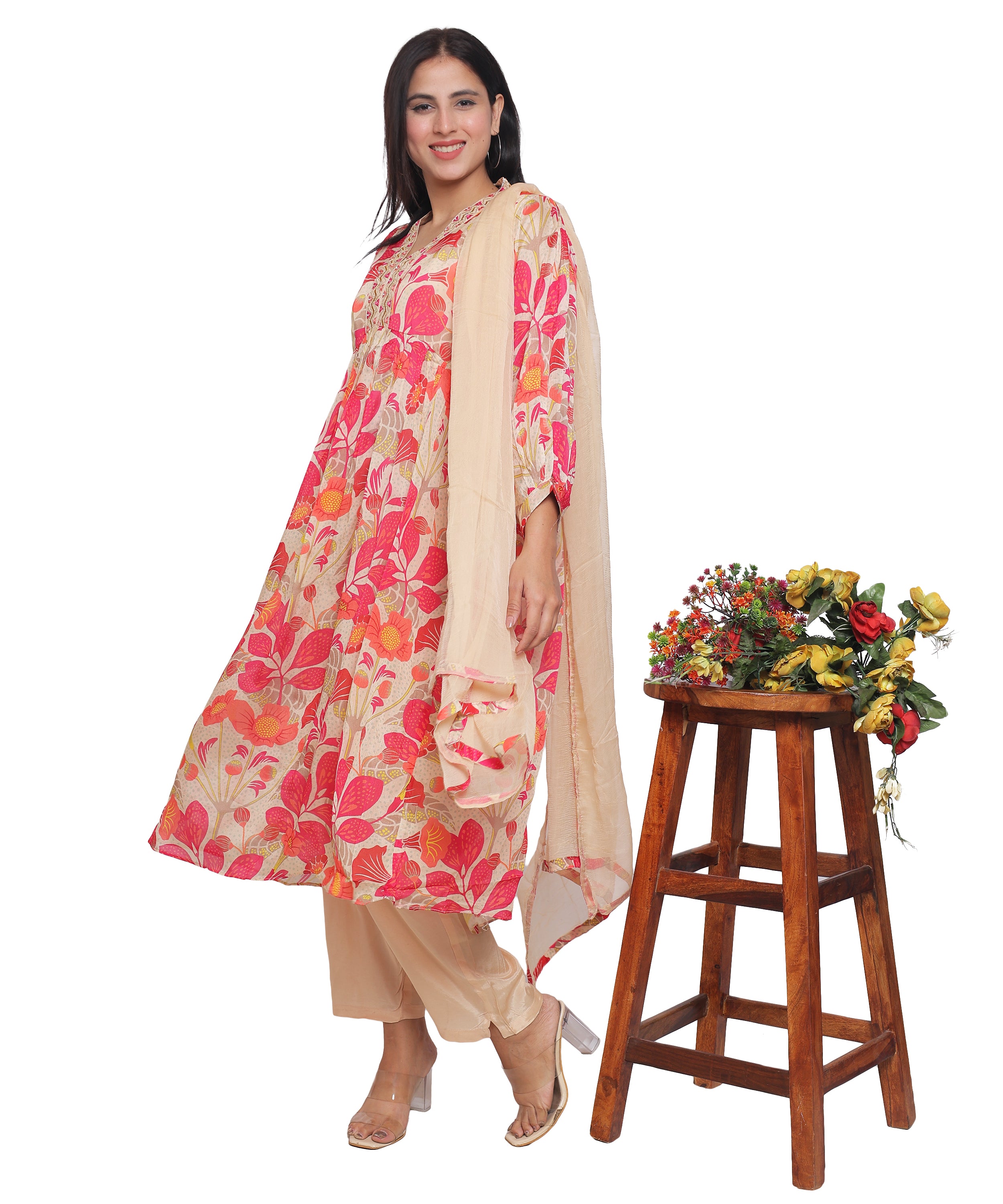 Floral Alia Cut Suit with Pants in Chinon with Handwork