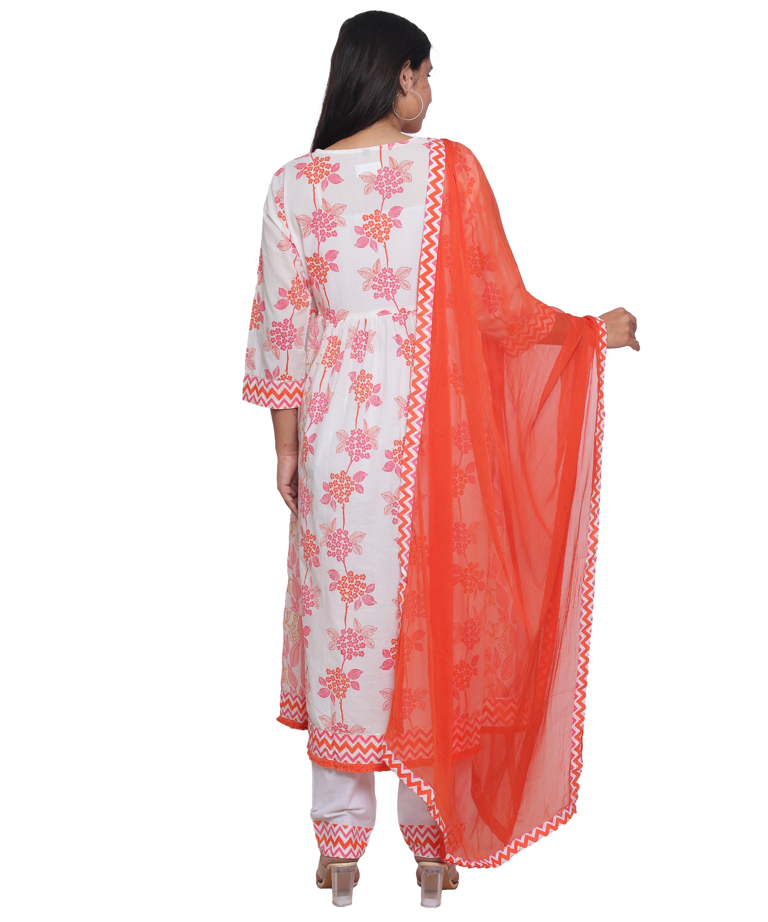 Printed Alia Cut Suit with Pants in Cotton with Handwork