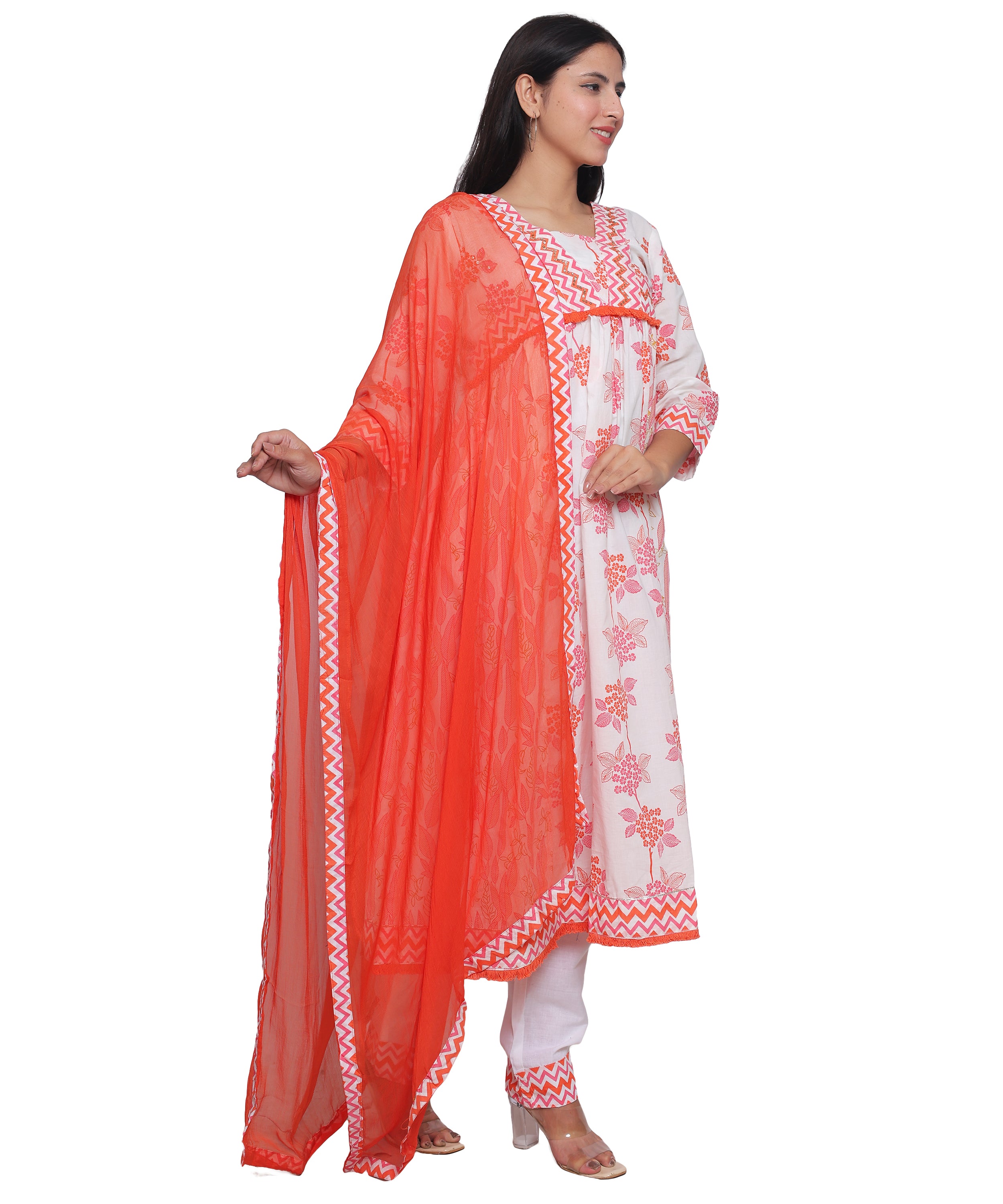 Printed Alia Cut Suit with Pants in Cotton with Handwork