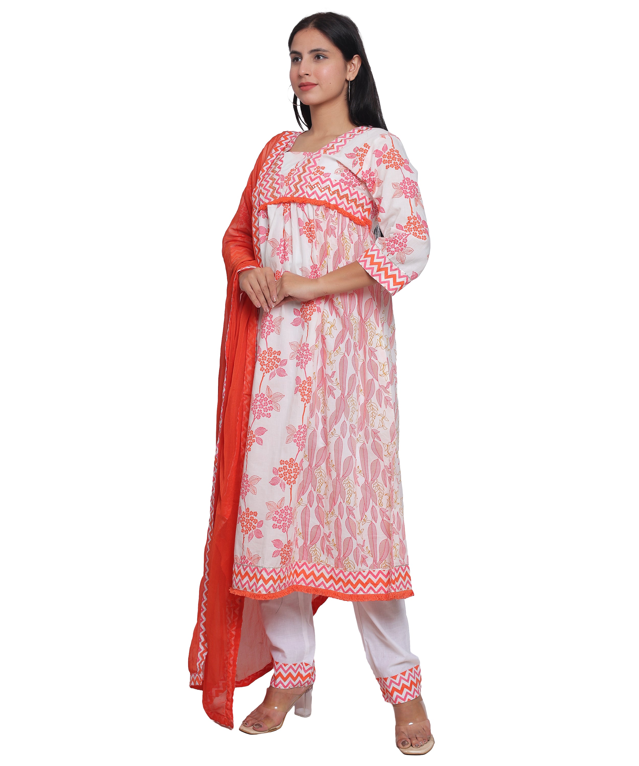 Printed Alia Cut Suit with Pants in Cotton with Handwork