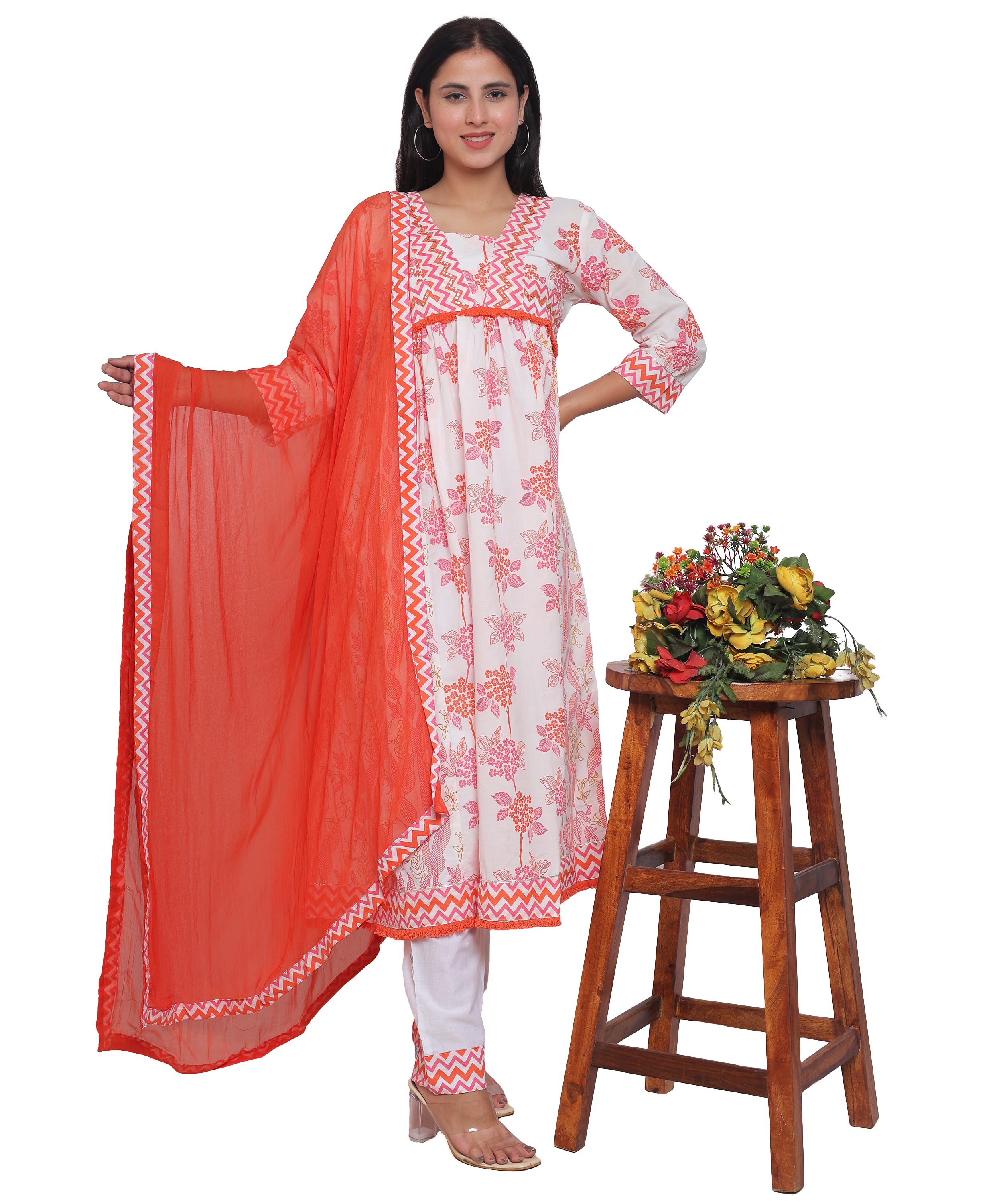 Printed Alia Cut Suit with Pants in Cotton with Handwork