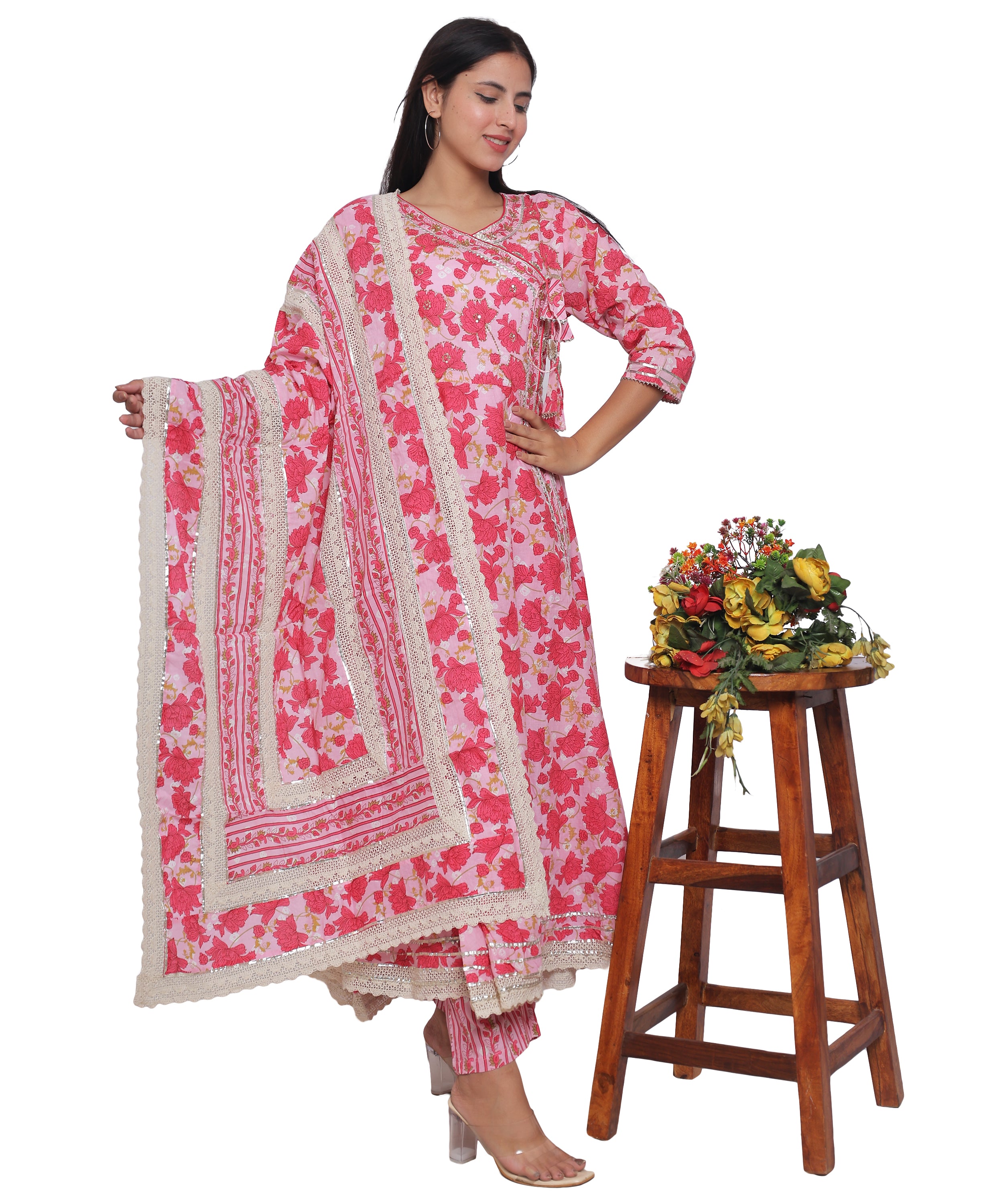 Pink Floral Angrakha with Pants in Pure Cotton with Gota & Crochet.