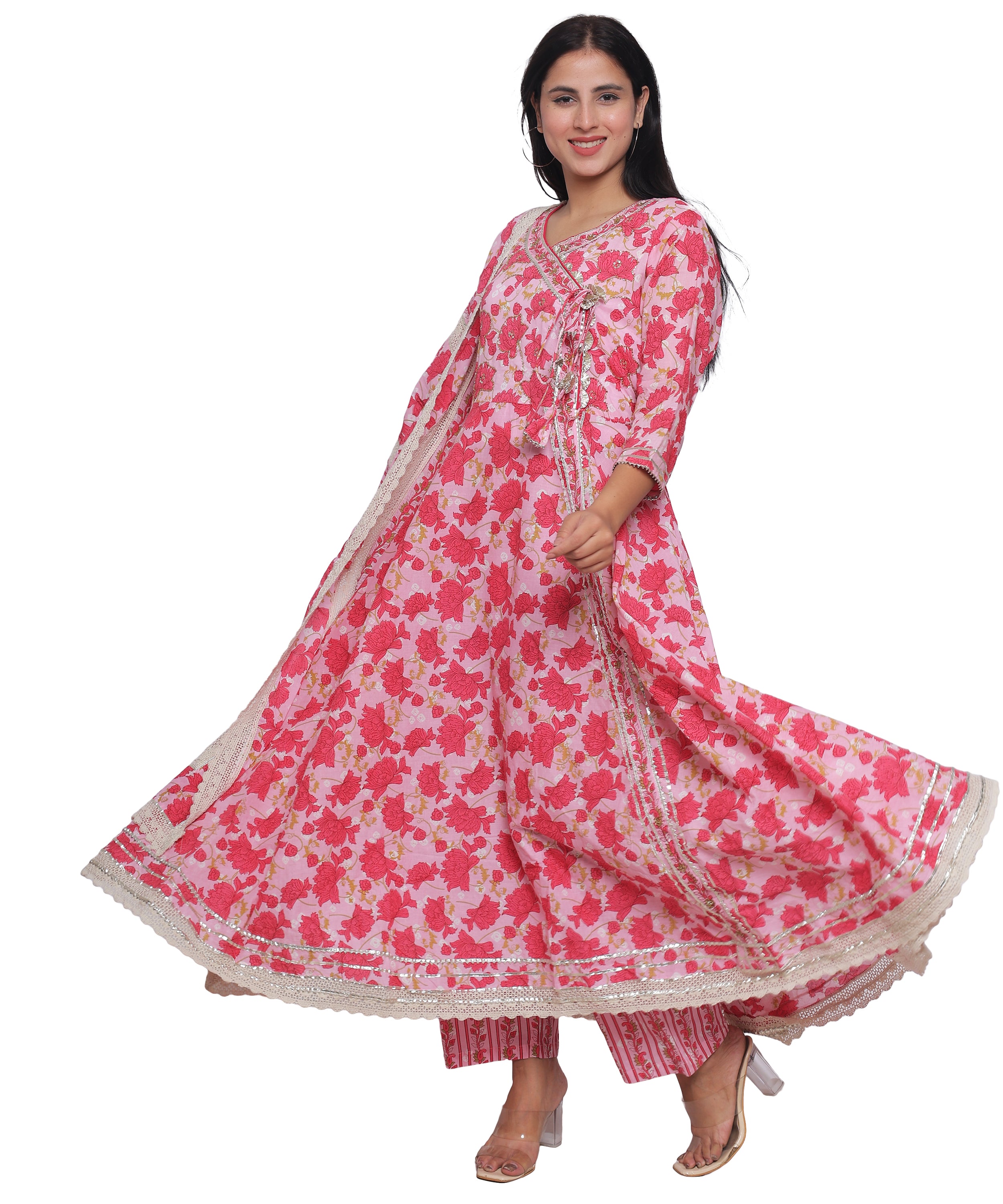 Pink Floral Angrakha with Pants in Pure Cotton with Gota & Crochet.