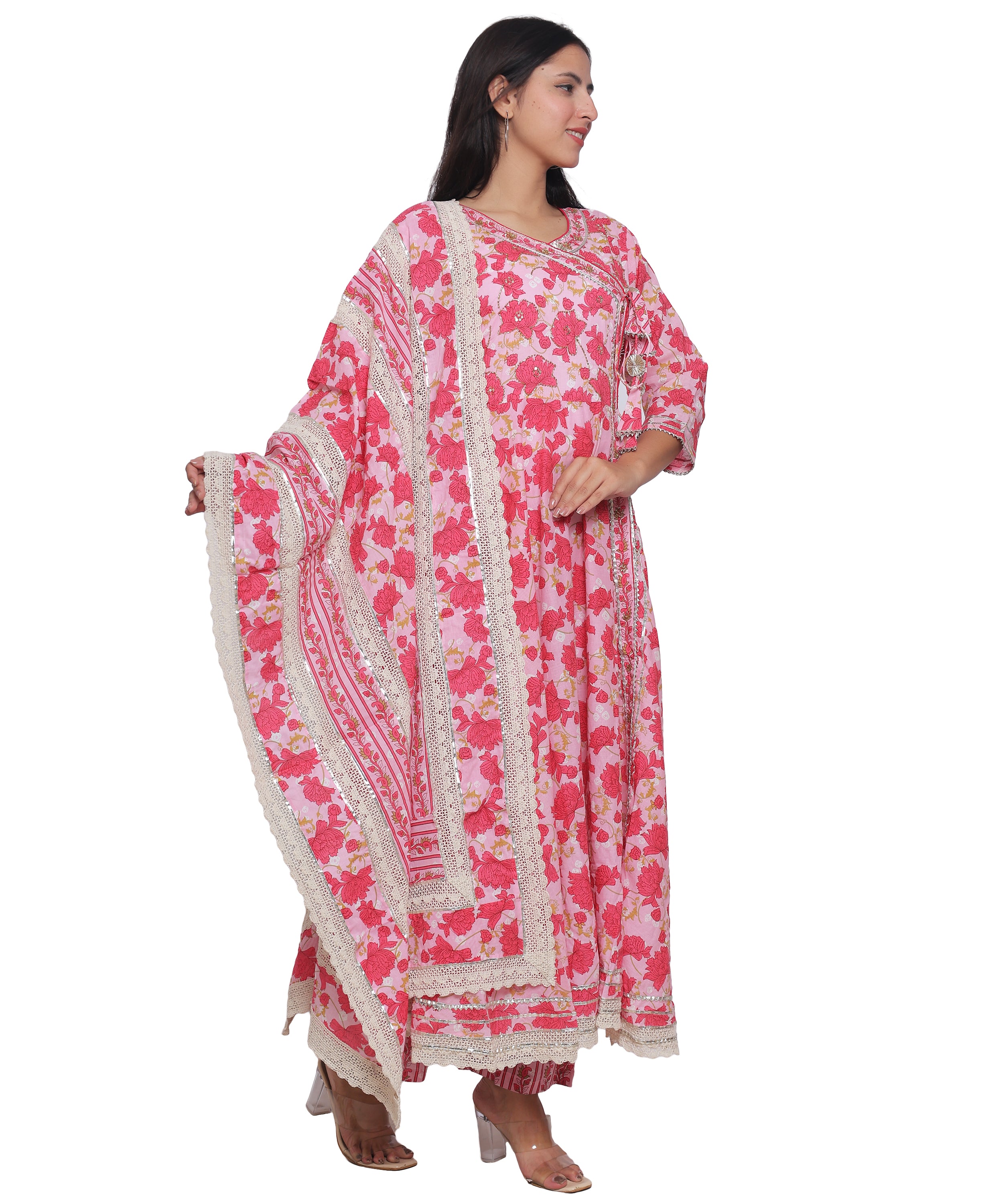 Pink Floral Angrakha with Pants in Pure Cotton with Gota & Crochet.