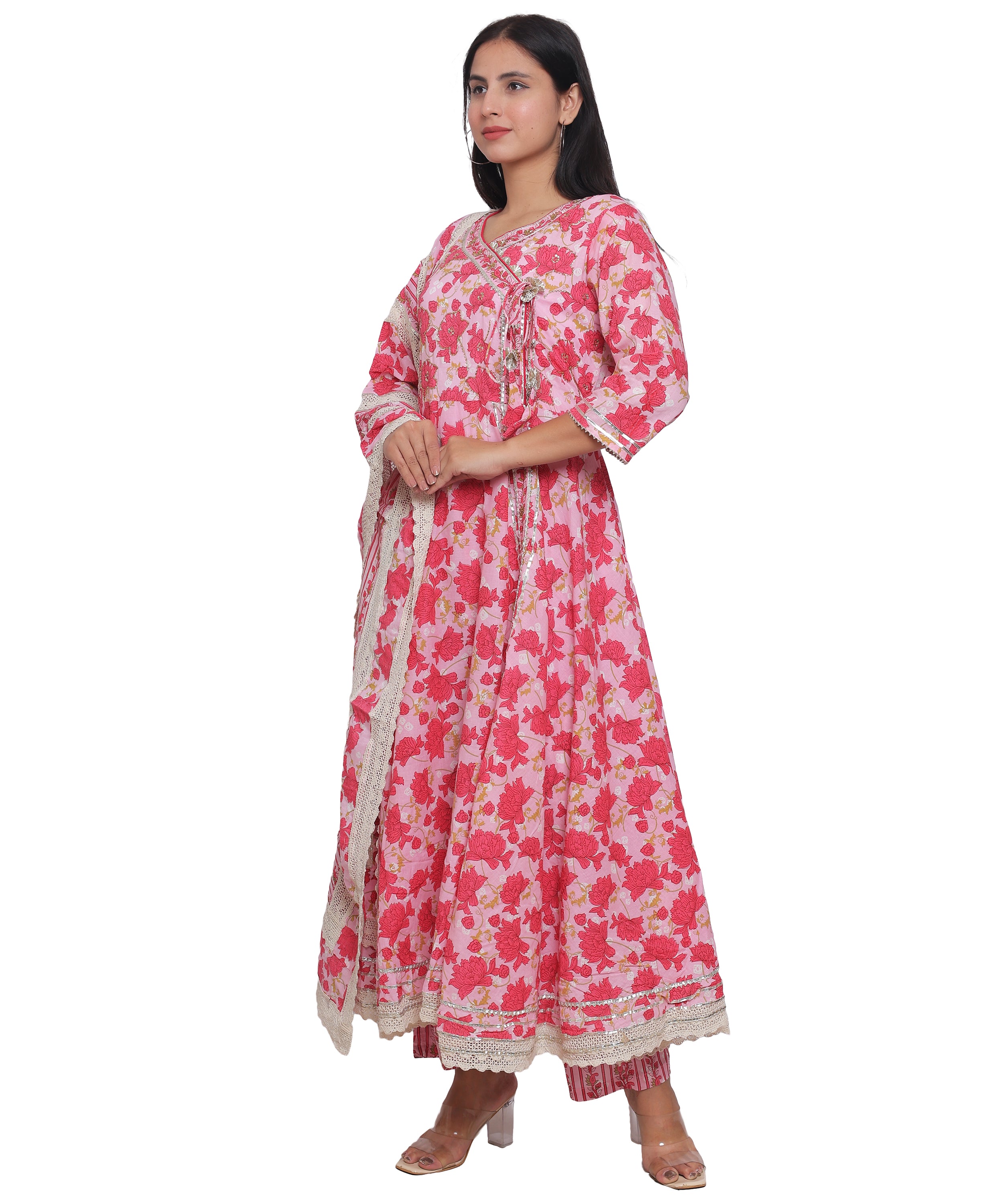 Pink Floral Angrakha with Pants in Pure Cotton with Gota & Crochet.