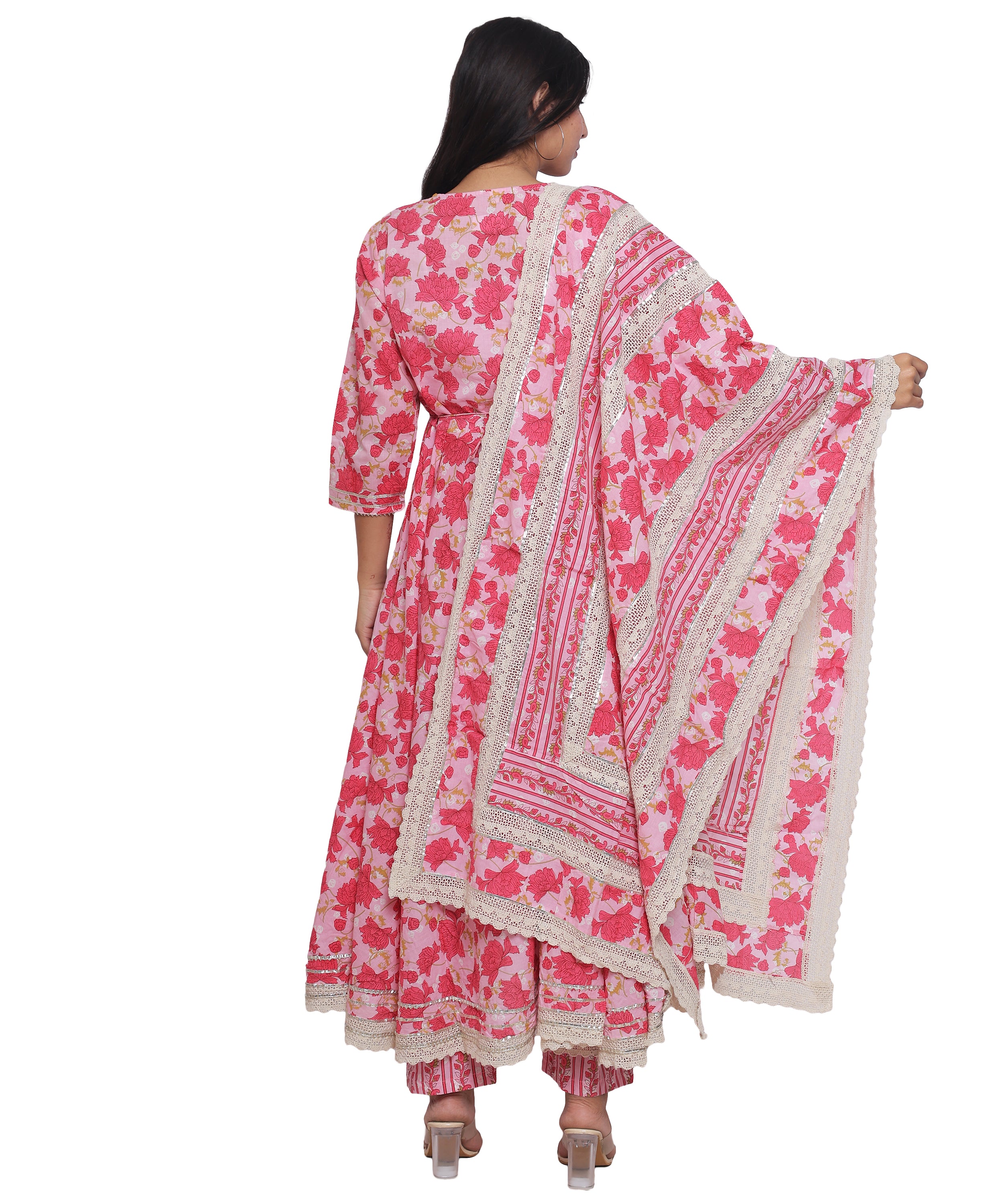 Pink Floral Angrakha with Pants in Pure Cotton with Gota & Crochet.