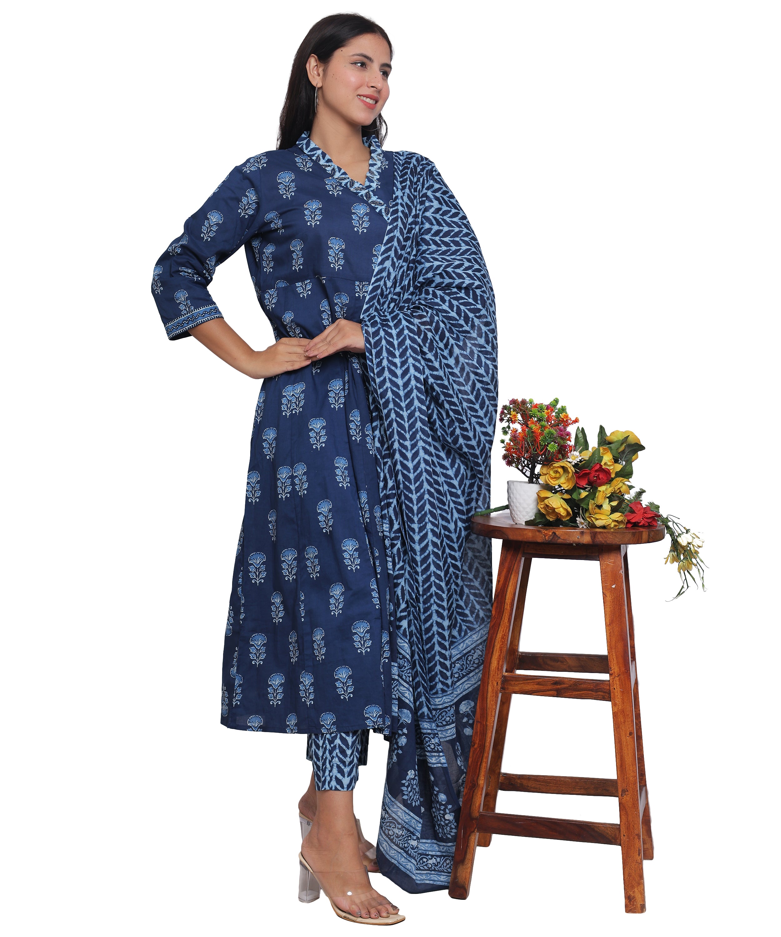 Indigo Angrakha with Pants in Pure Cotton with Handwork