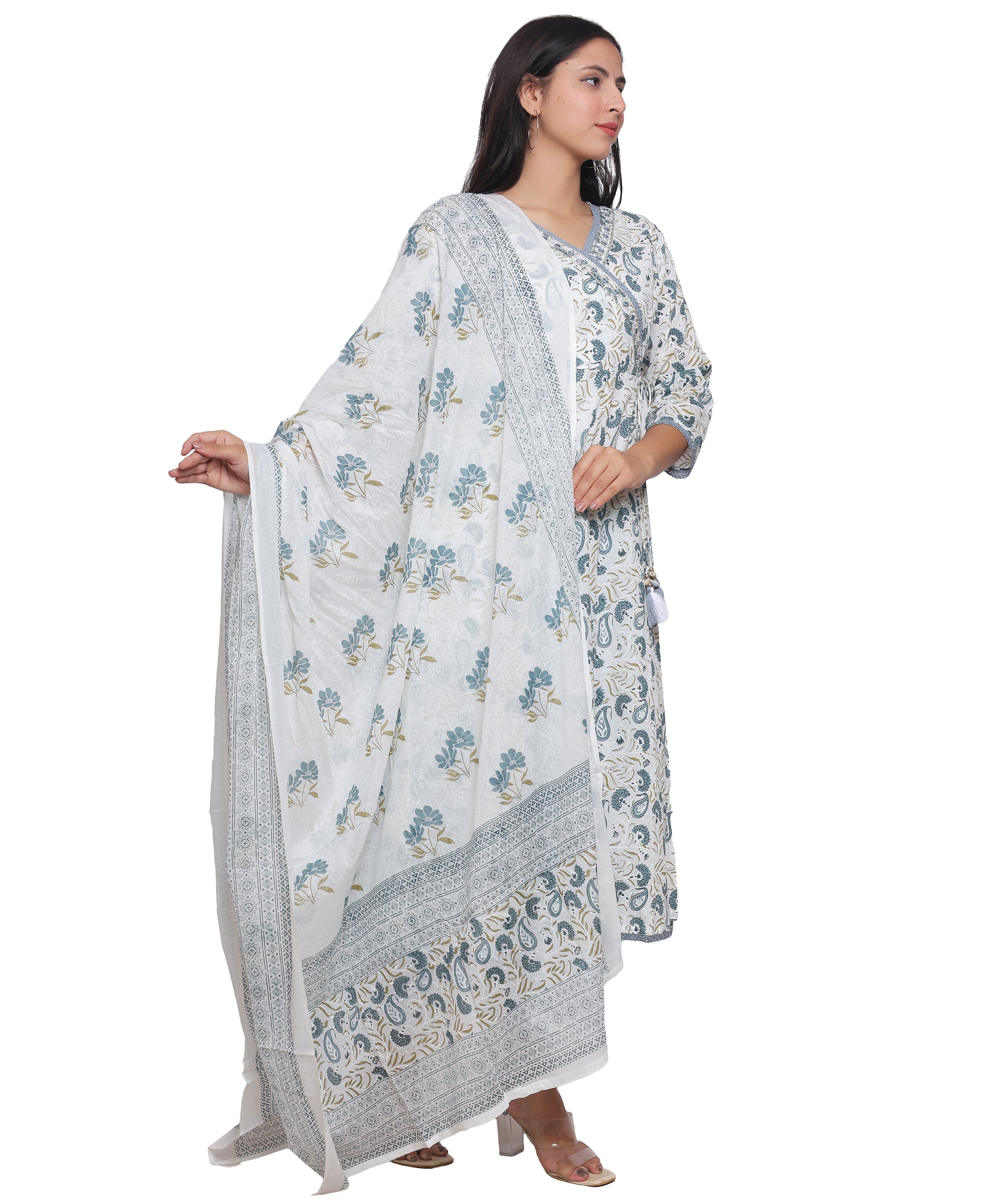 Printed Grey Angrakha with Pants in Pure Cotton with Mirrorwork & Crochet.