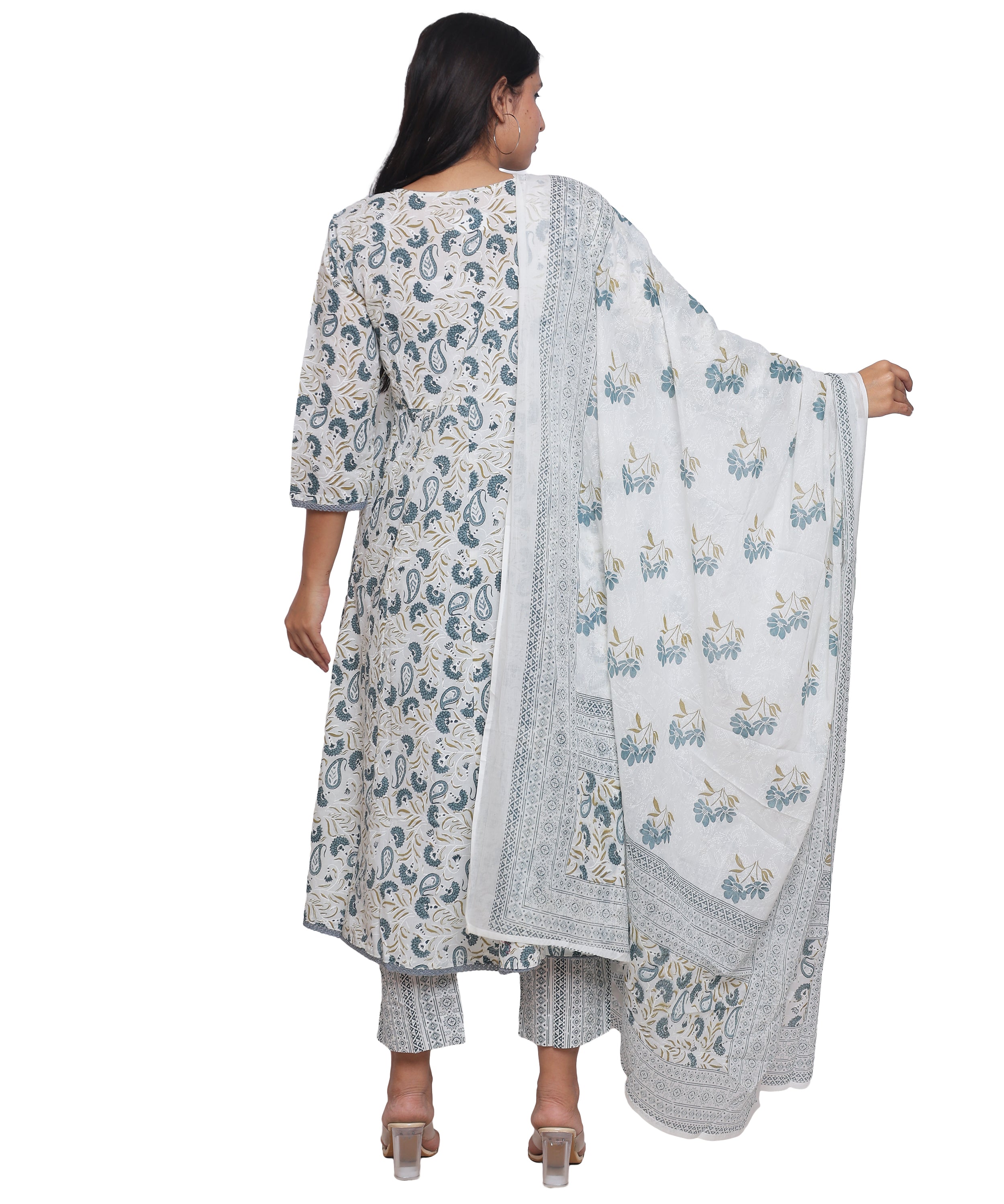 Printed Grey Angrakha with Pants in Pure Cotton with Mirrorwork & Crochet.