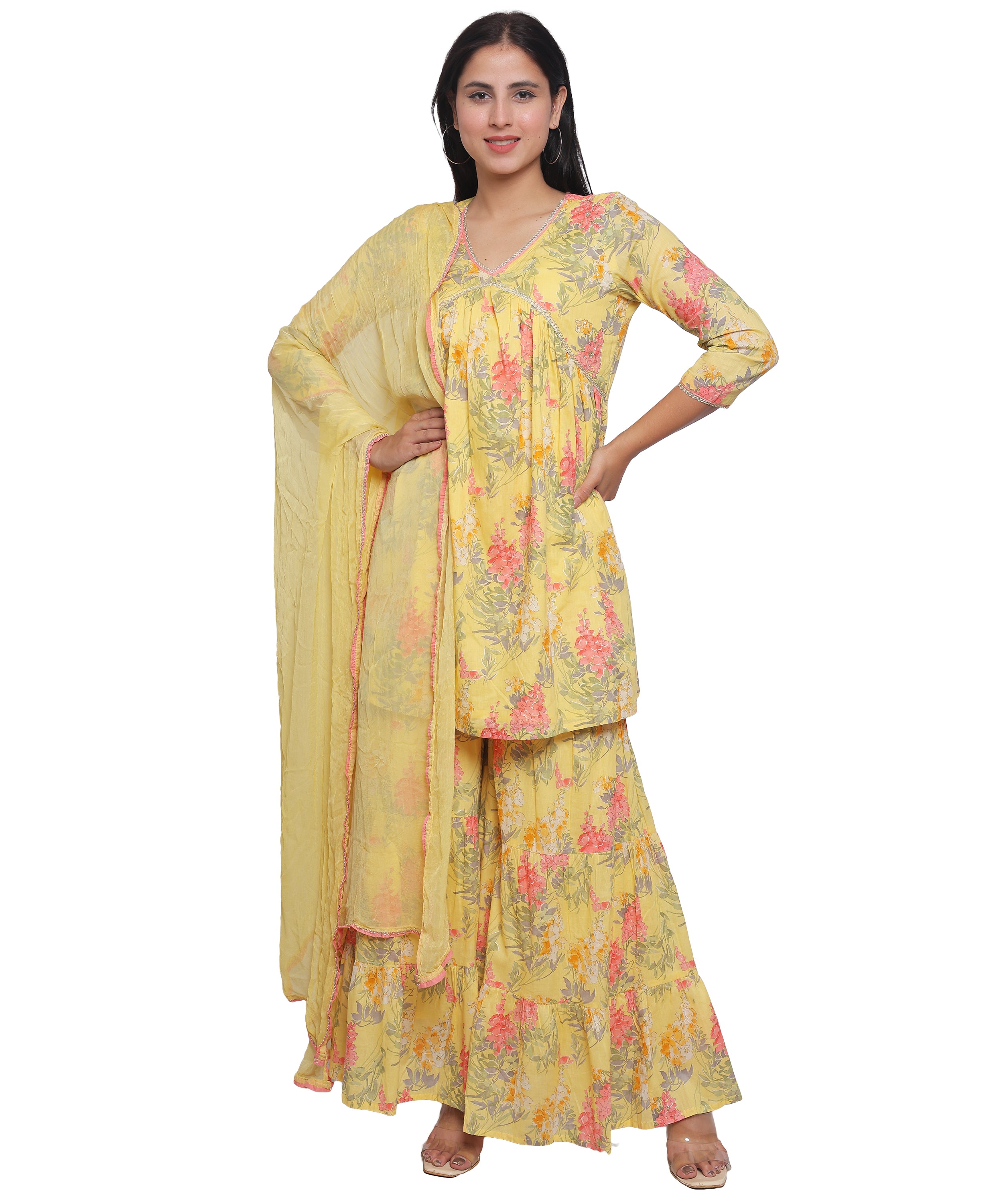 Yellow Floral Alia cut Sharara suit in Pure cotton with Handwork