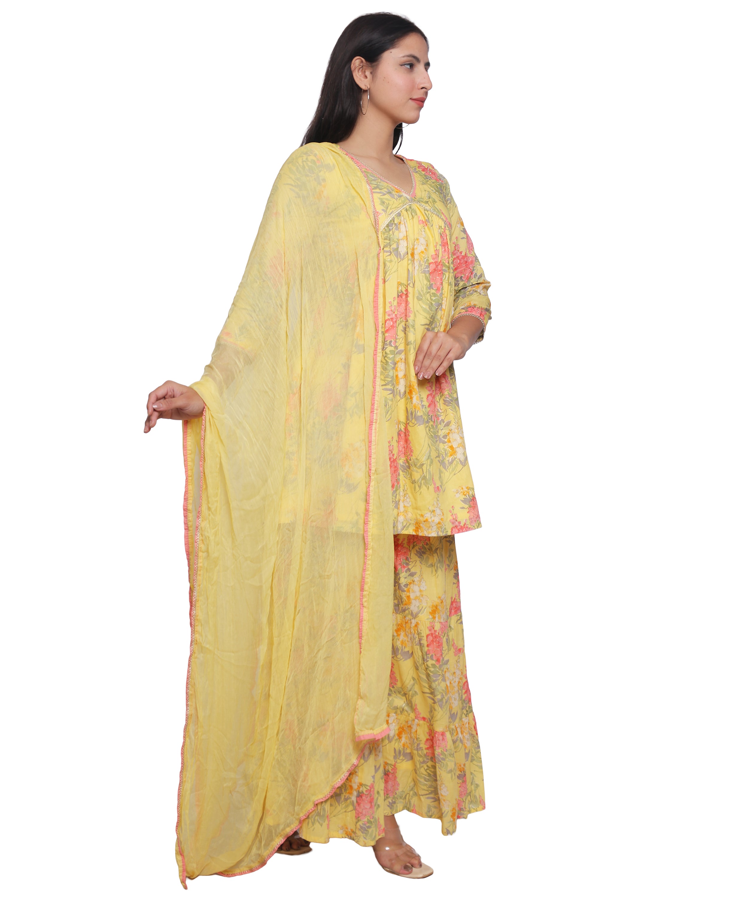 Yellow Floral Alia cut Sharara suit in Pure cotton with Handwork