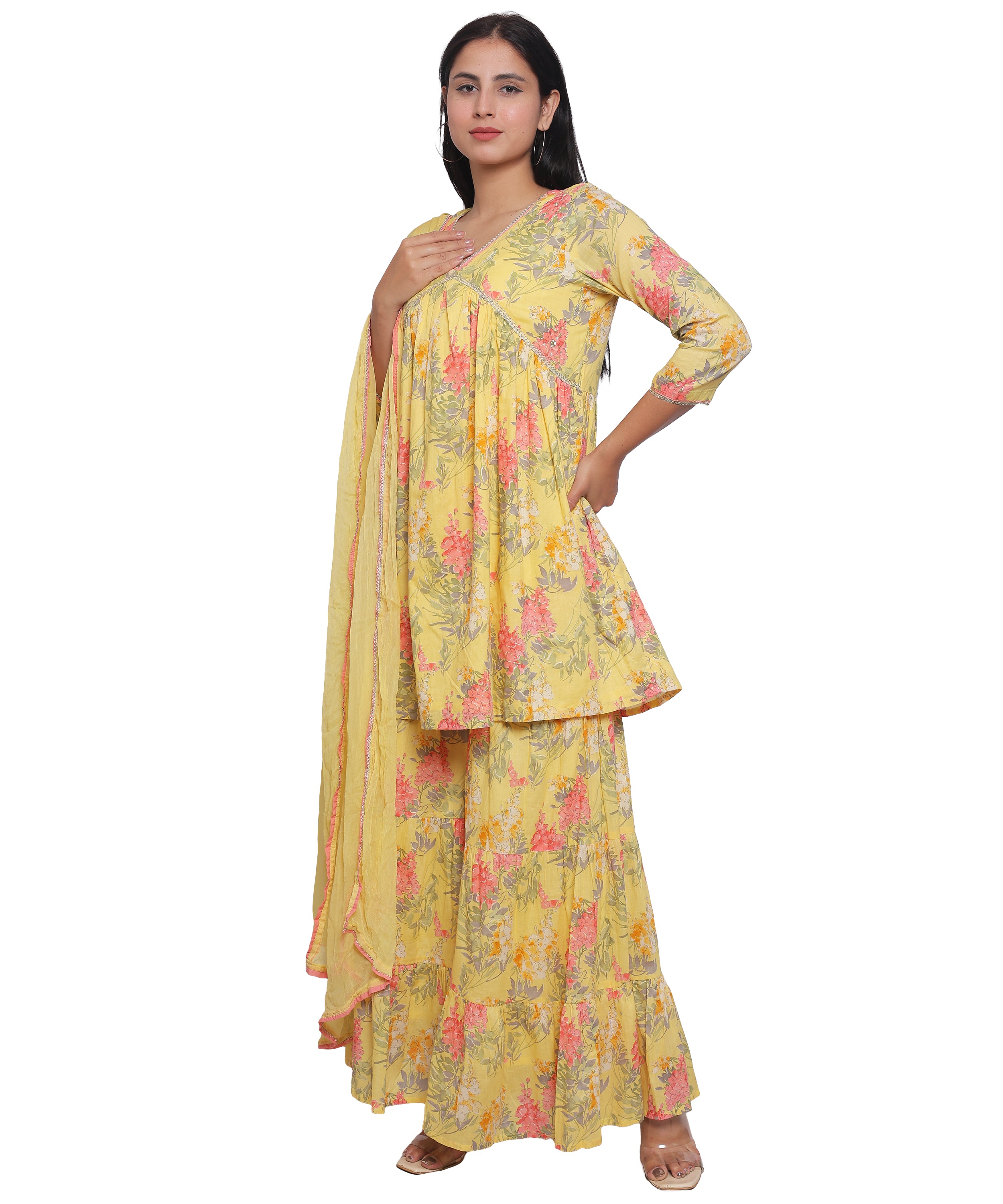 Yellow Floral Alia cut Sharara suit in Pure cotton with Handwork