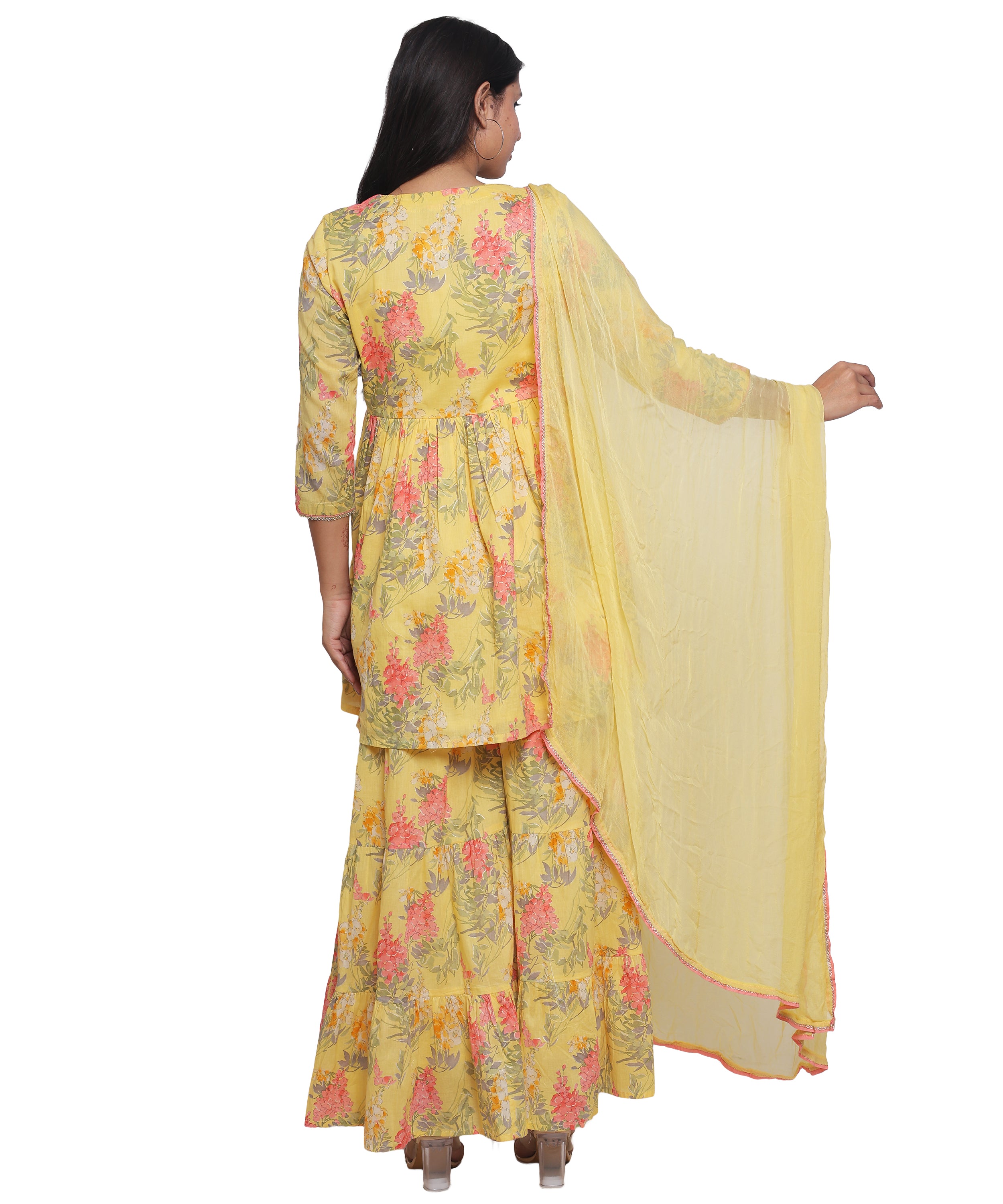 Yellow Floral Alia cut Sharara suit in Pure cotton with Handwork