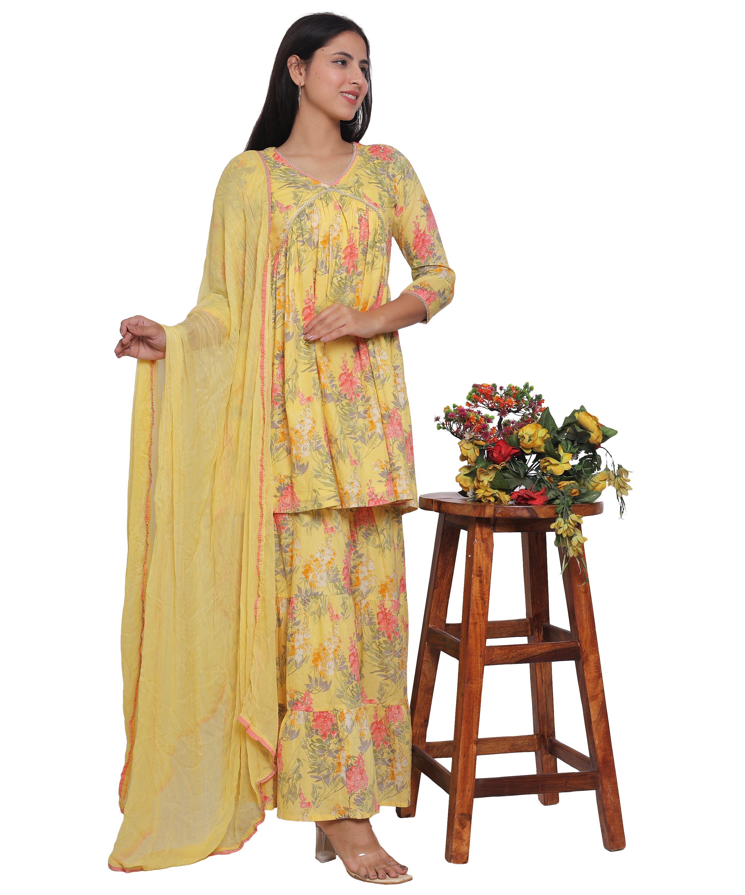 Yellow Floral Alia cut Sharara suit in Pure cotton with Handwork