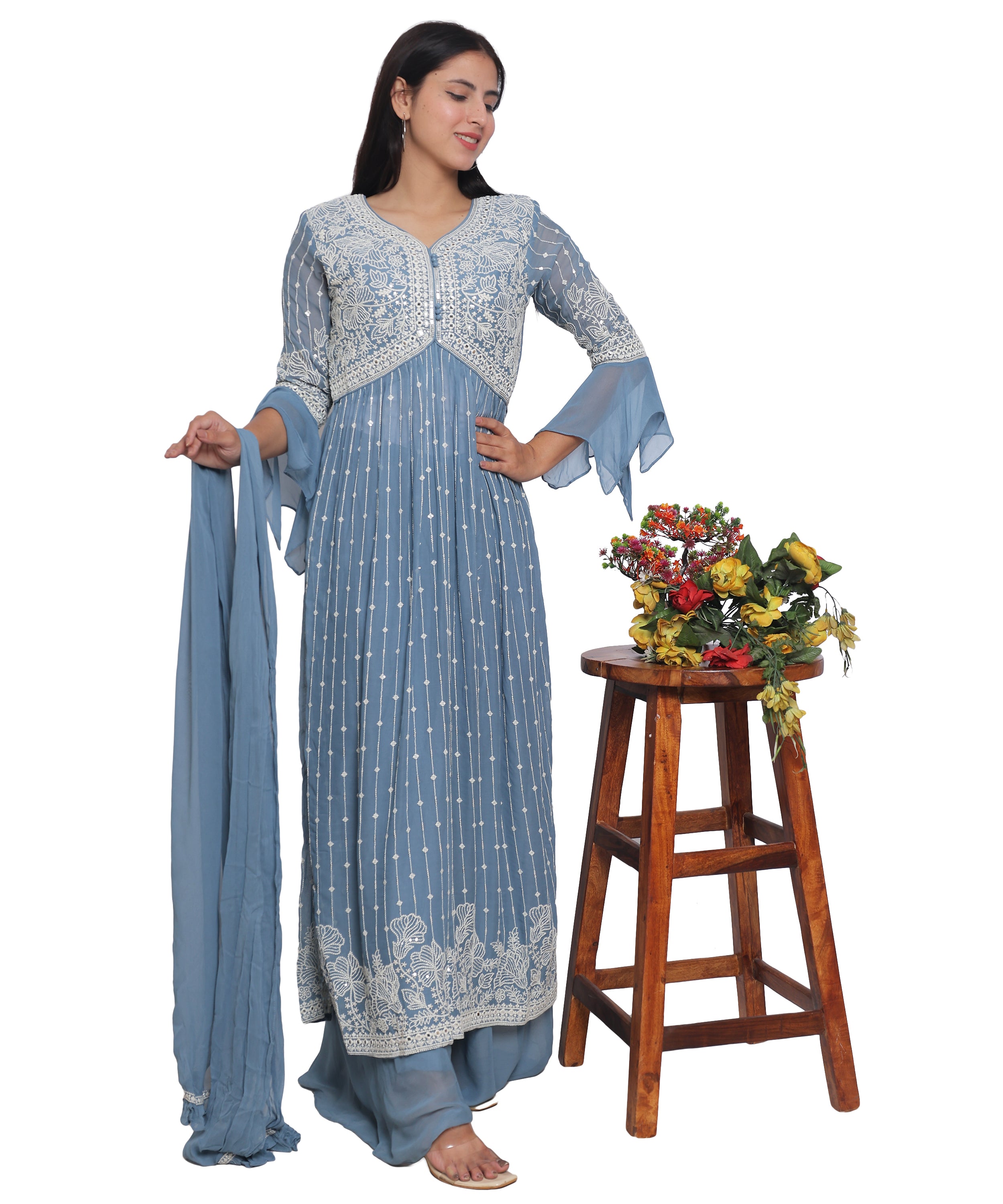 Blue Suit with Palazzo in Georgette with Hand Embroidery