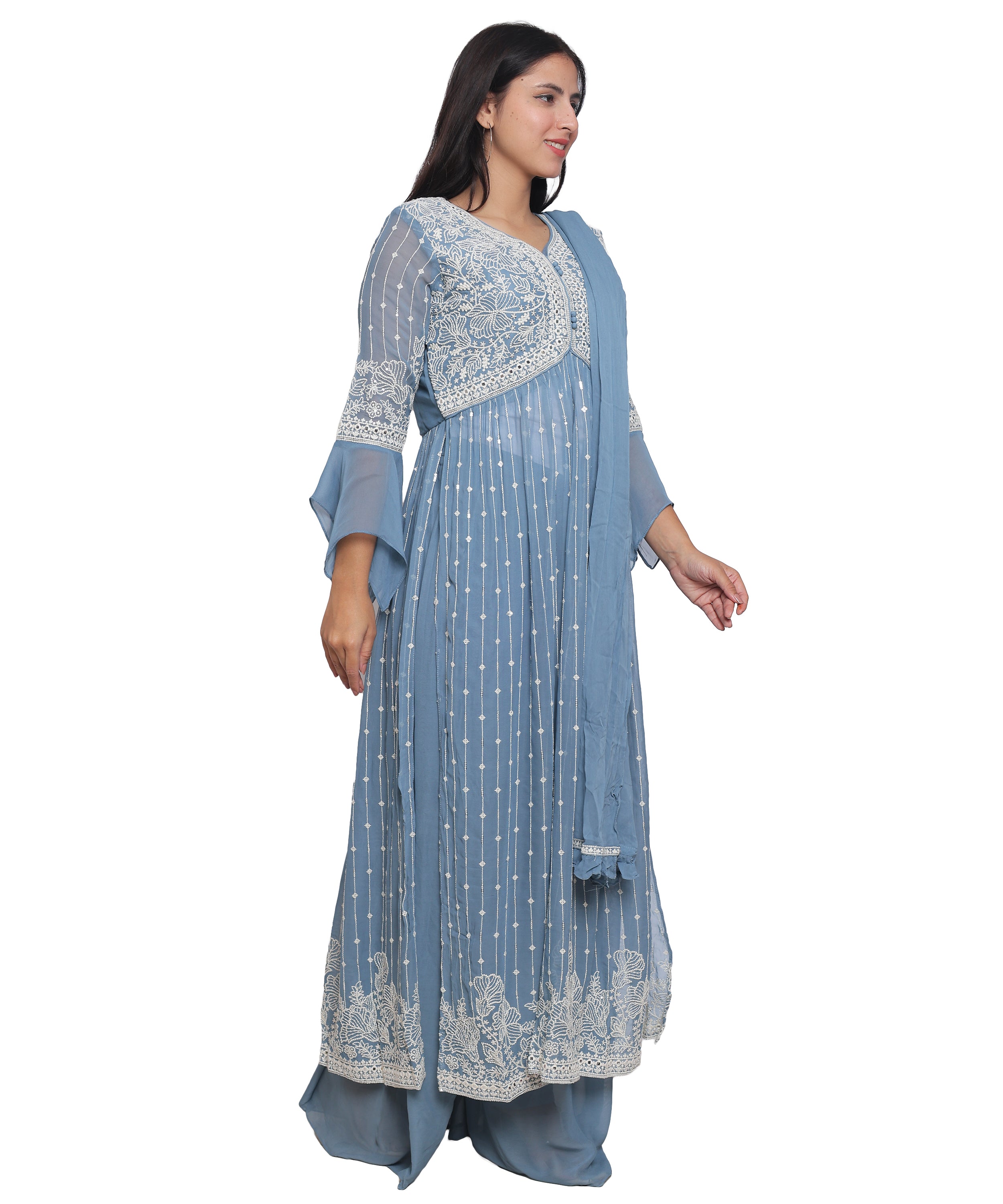 Blue Suit with Palazzo in Georgette with Hand Embroidery