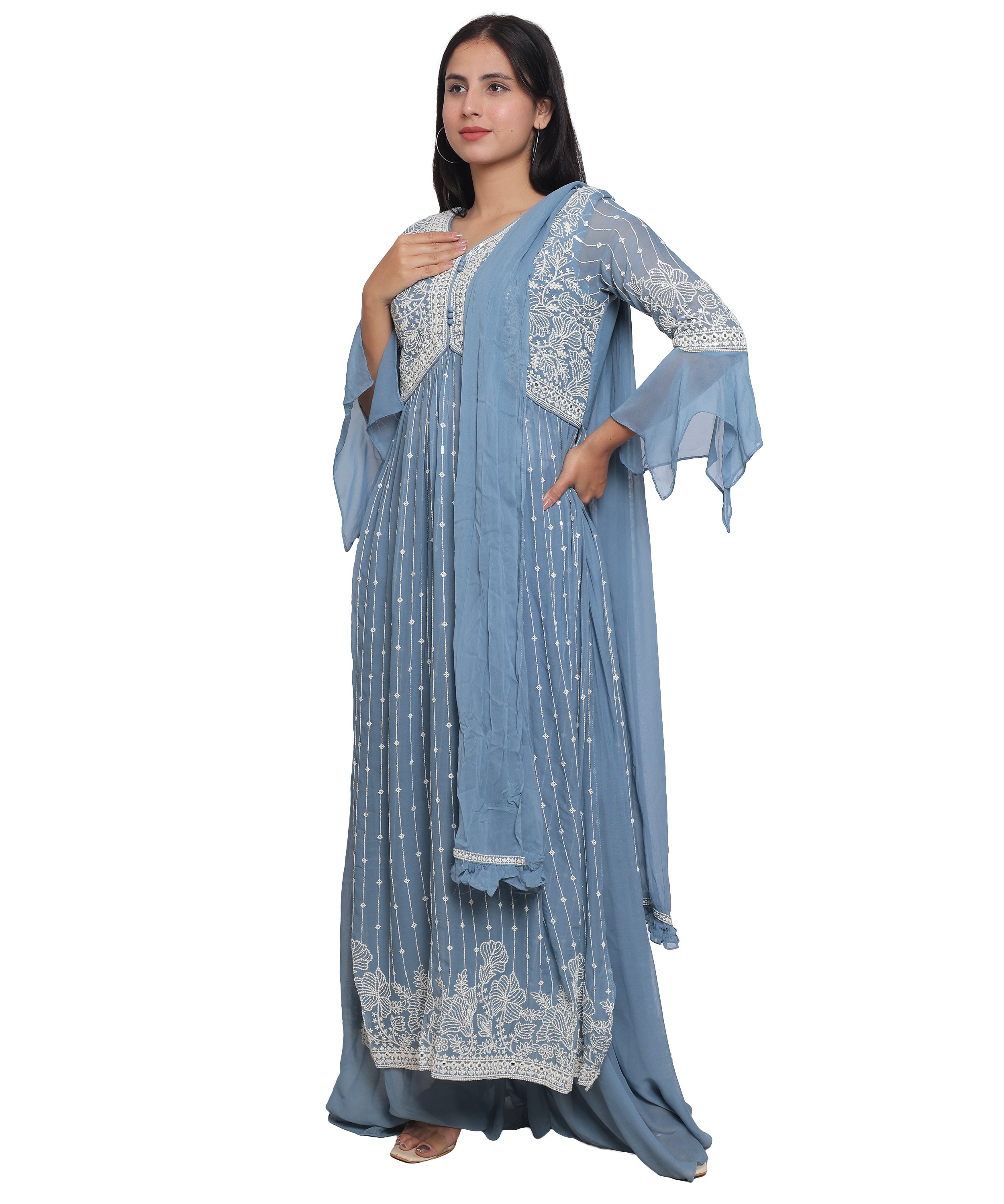 Blue Suit with Palazzo in Georgette with Hand Embroidery