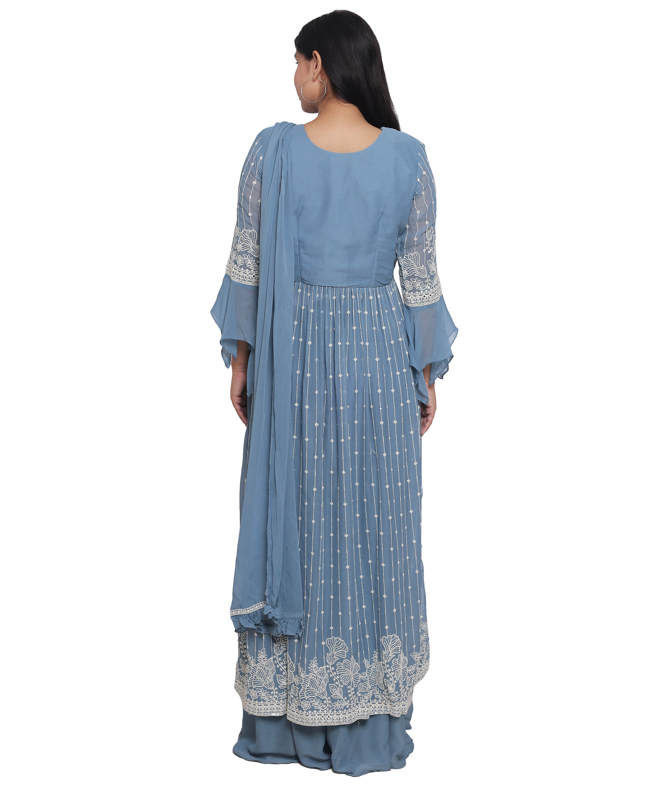 Blue Suit with Palazzo in Georgette with Hand Embroidery