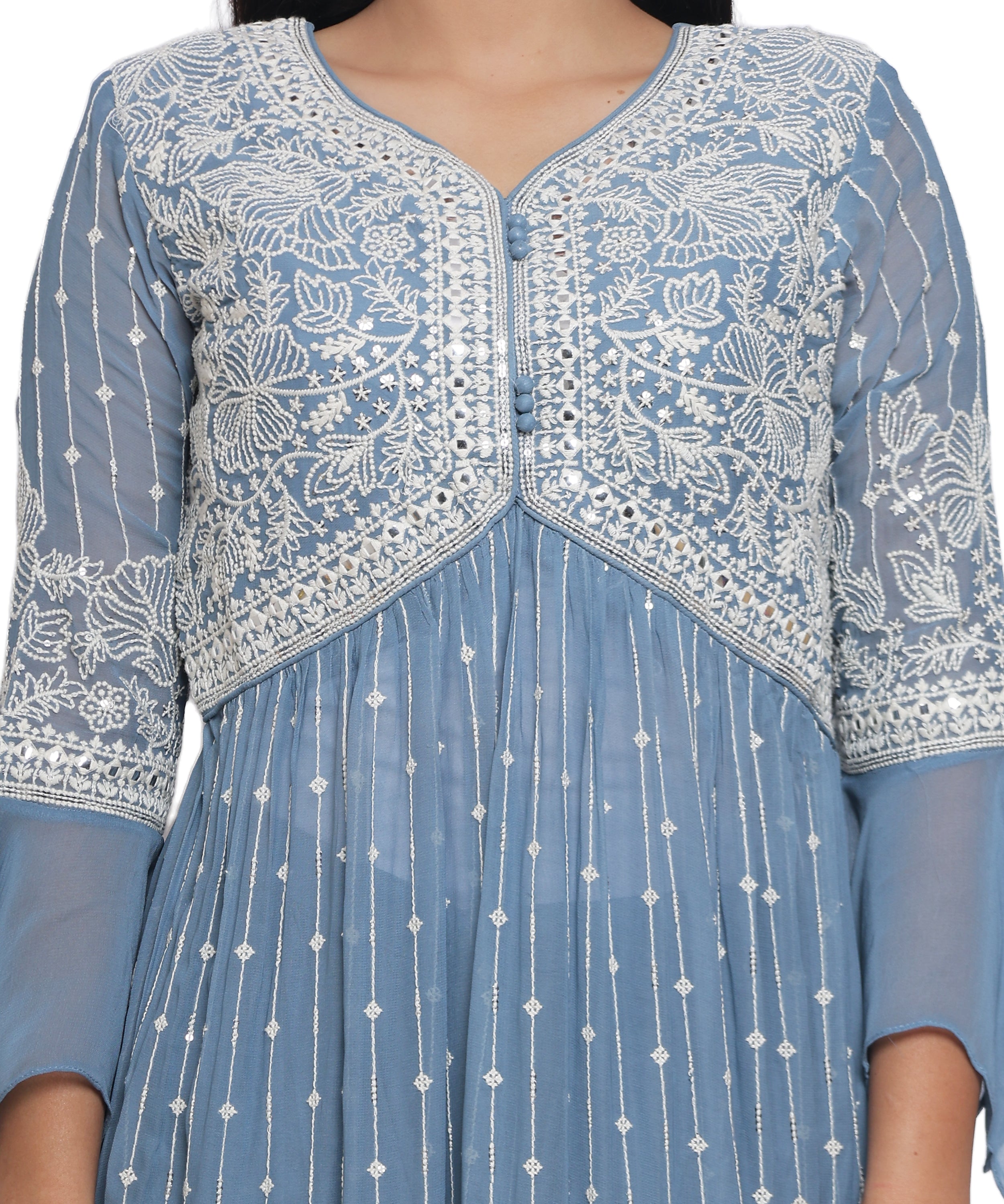 Blue Suit with Palazzo in Georgette with Hand Embroidery