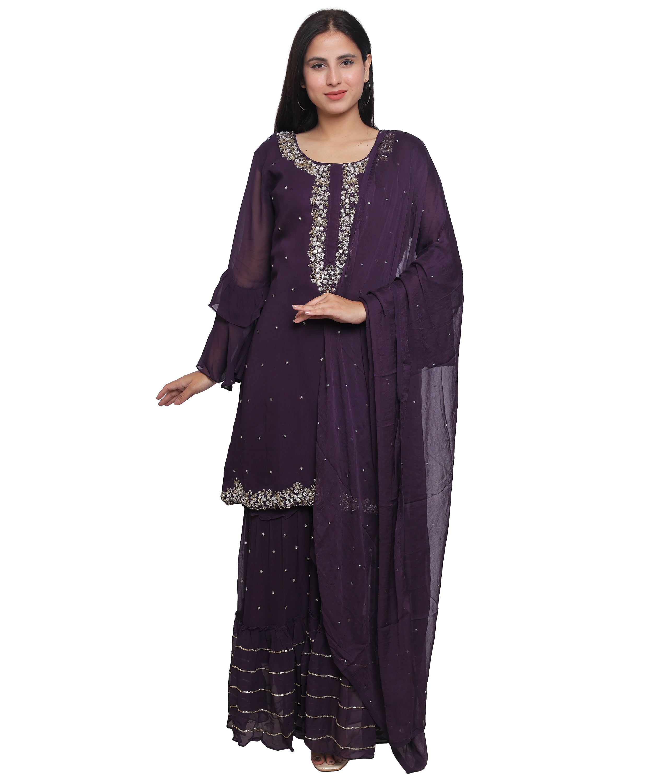 Purple Suit with Sharara in Georgette with Hand Embroidery