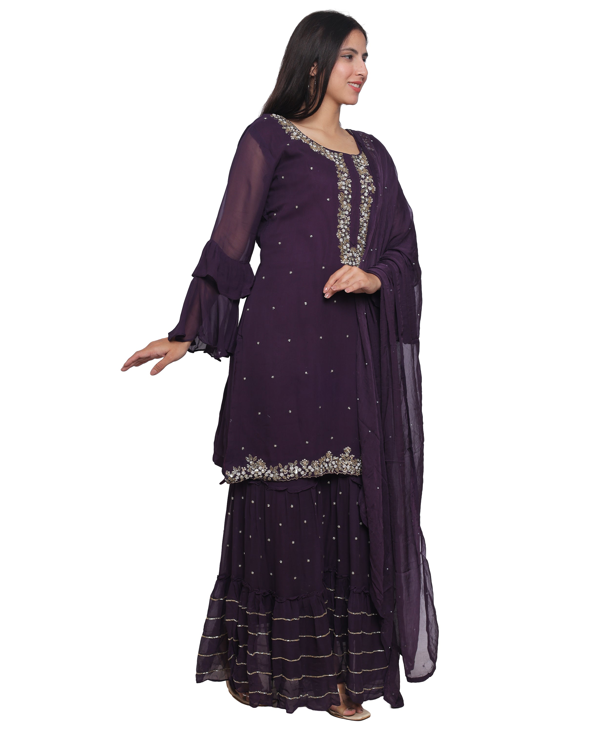 Purple Suit with Sharara in Georgette with Hand Embroidery