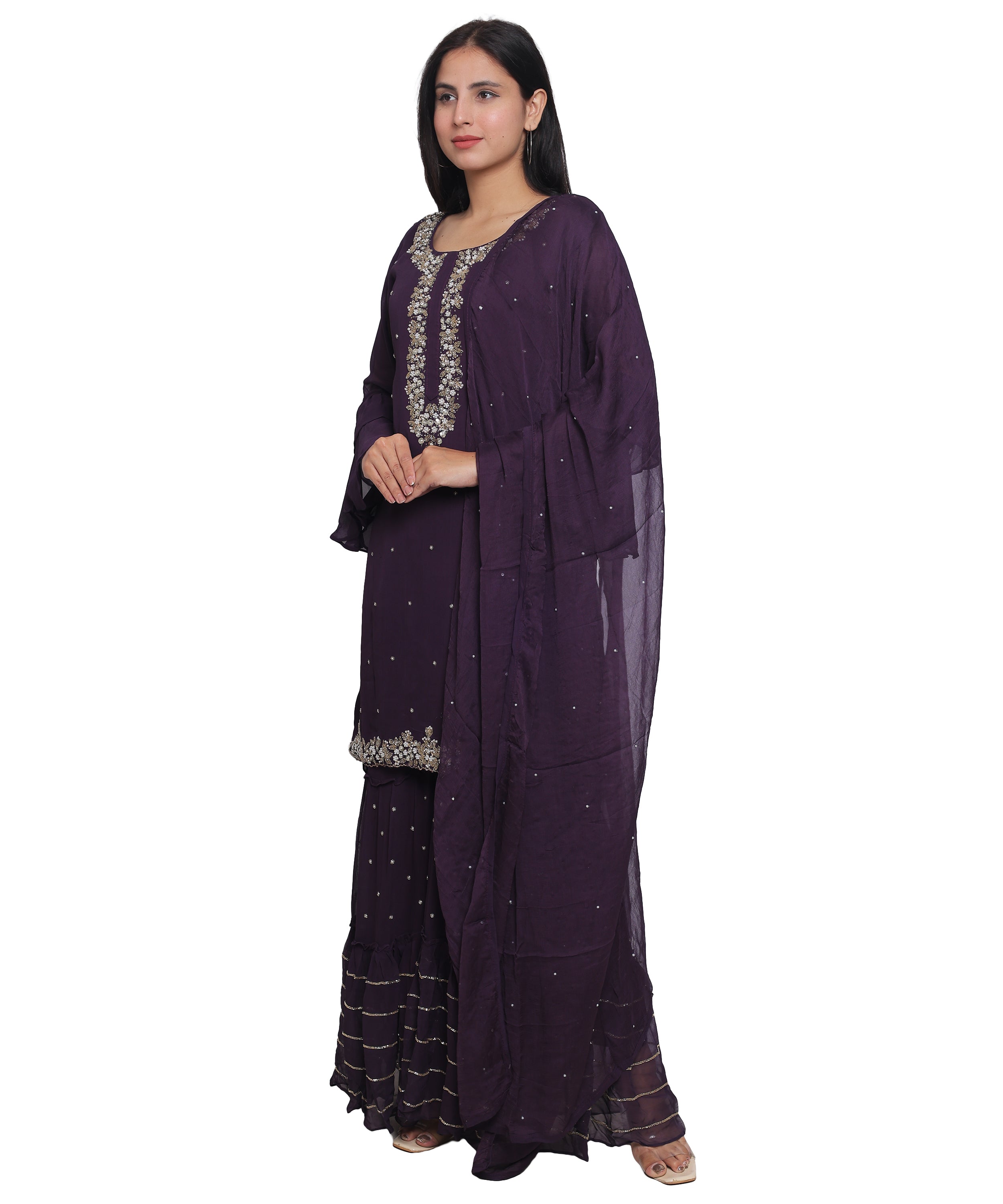 Purple Suit with Sharara in Georgette with Hand Embroidery