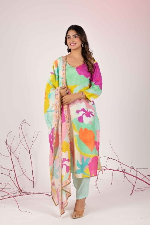 Multi Coloured Straight Suit with Pants in Muslin Fabric