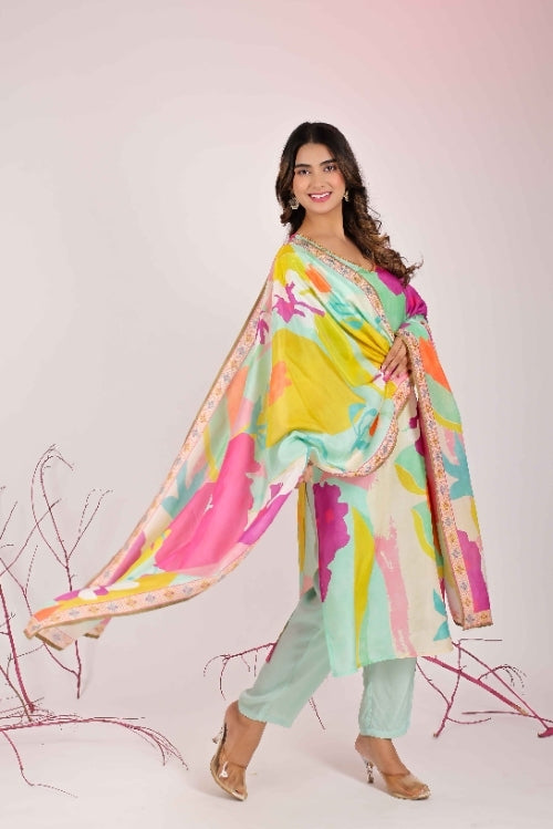 Multi Coloured Straight Suit with Pants in Muslin Fabric