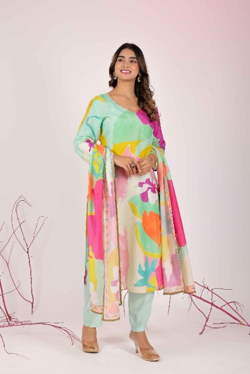 Multi Coloured Straight Suit with Pants in Muslin Fabric