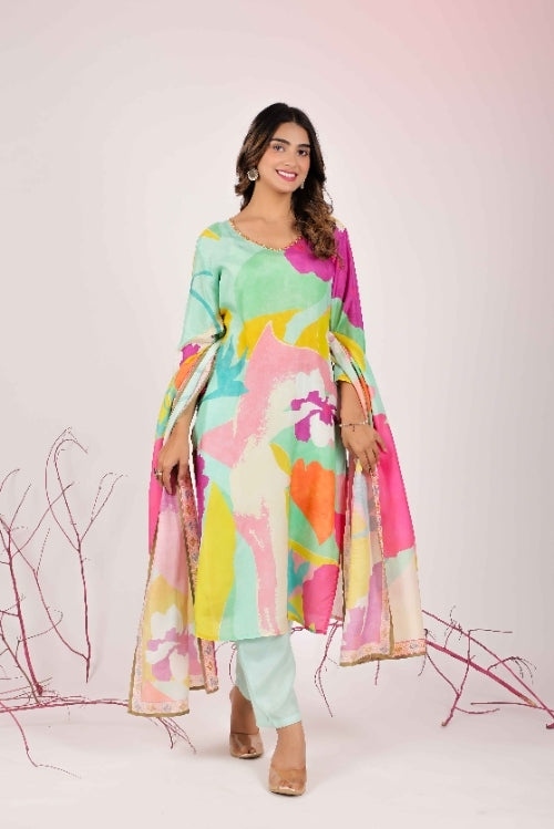 Multi Coloured Straight Suit with Pants in Muslin Fabric