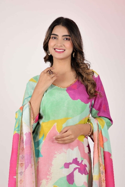 Multi Coloured Straight Suit with Pants in Muslin Fabric