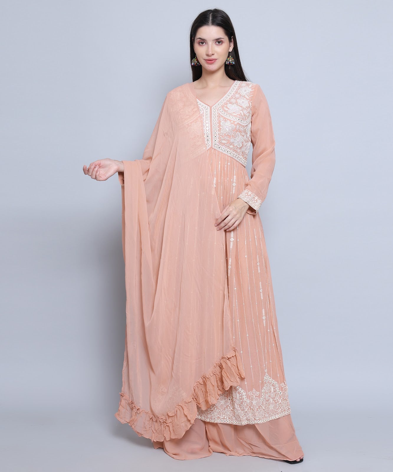 Peach Suit with Palazzo in Pure Georgette with Hand Embroidery