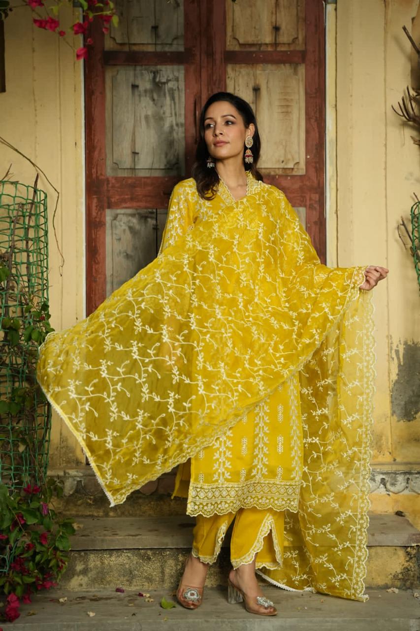 Mustard Straight Suit with Pants in Organza Fabric