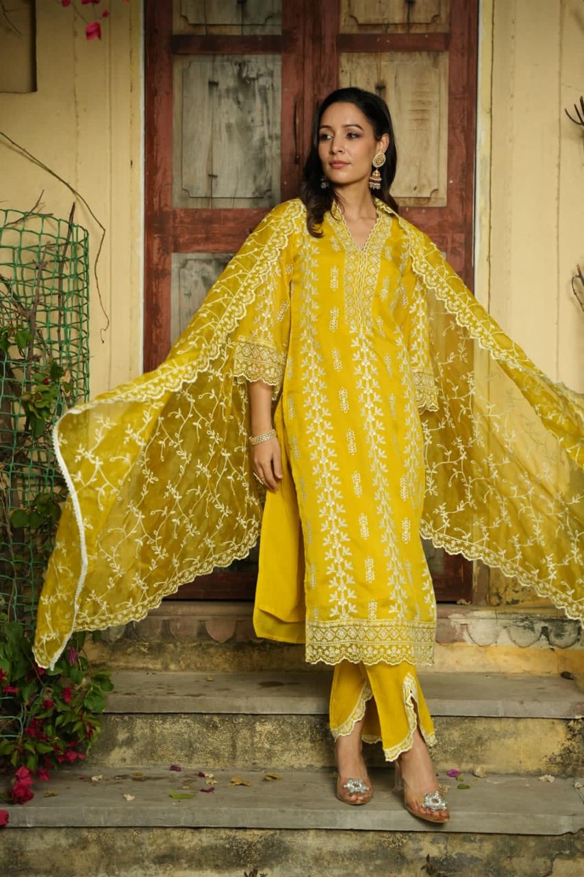 Mustard Straight Suit with Pants in Organza Fabric