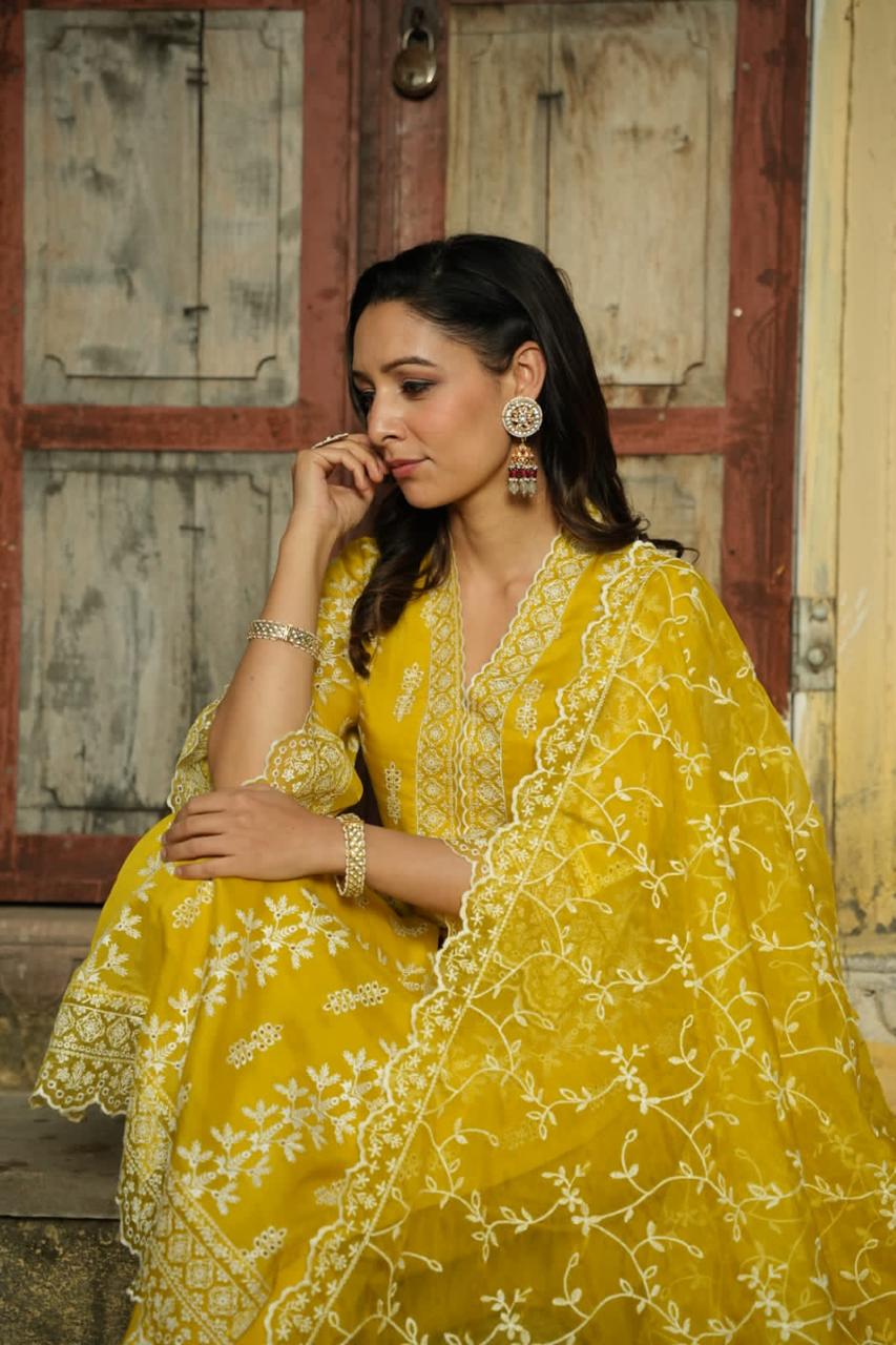 Mustard Straight Suit with Pants in Organza Fabric