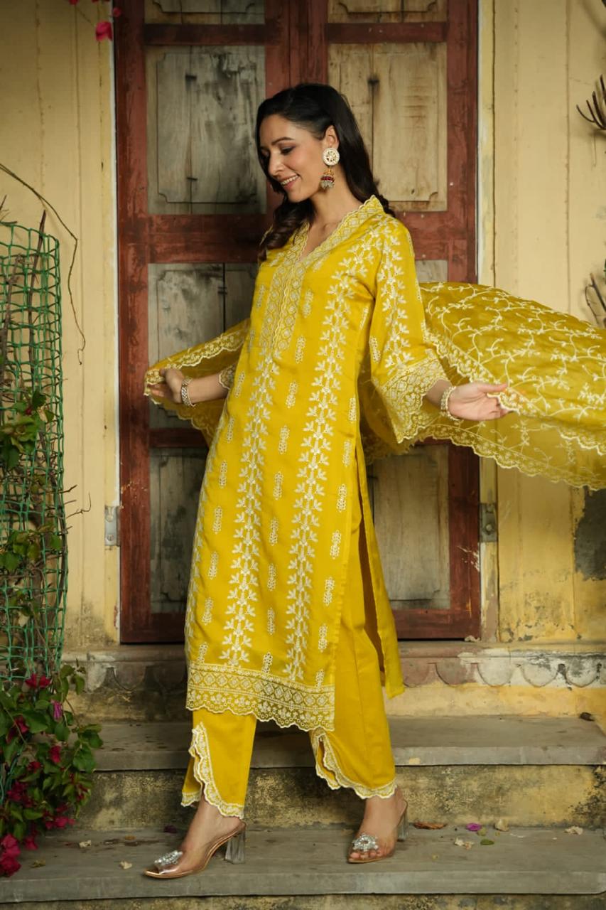 Mustard Straight Suit with Pants in Organza Fabric