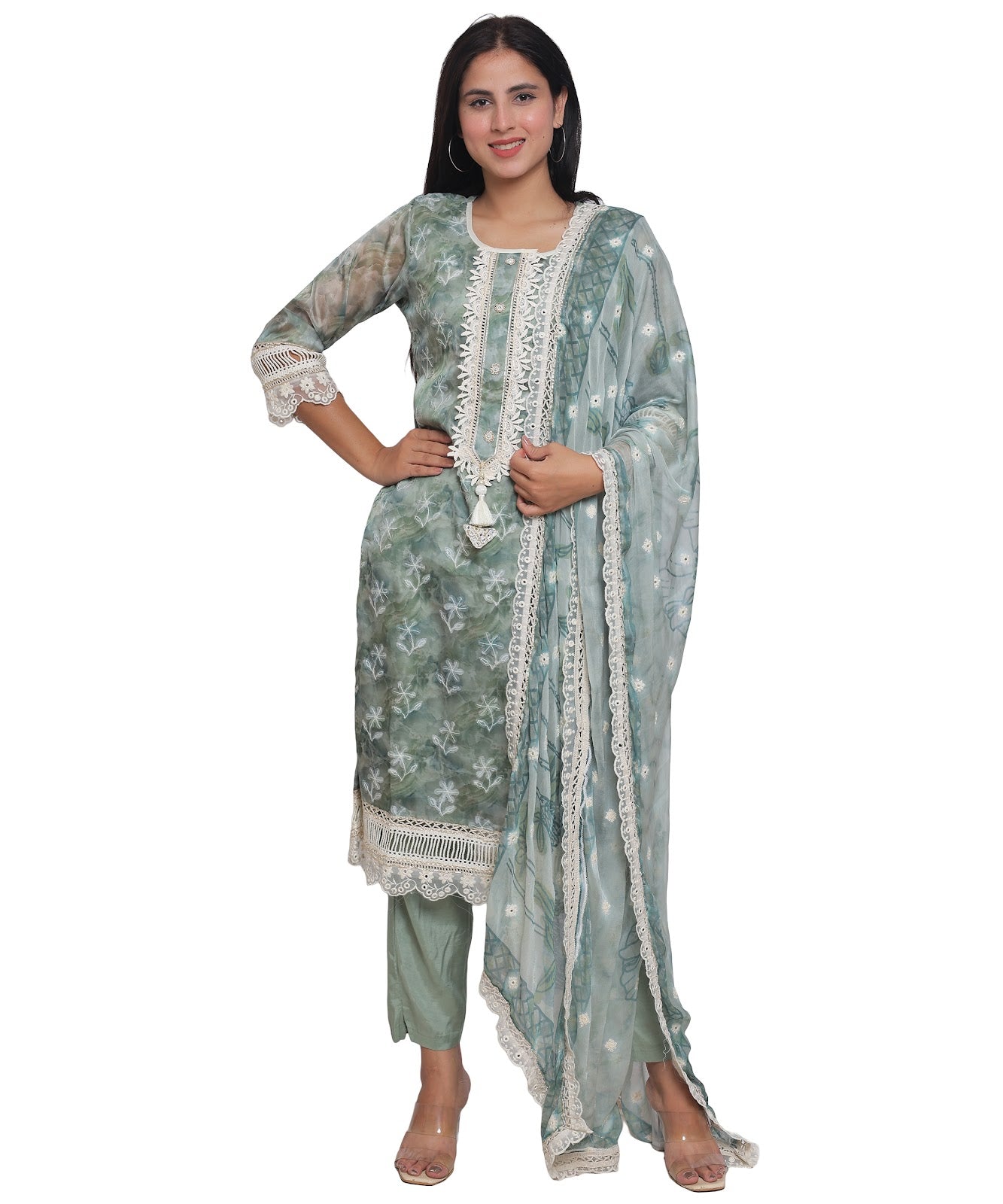 Green Floral Straight Suit with Pants in Mulmul Cotton with Crochet