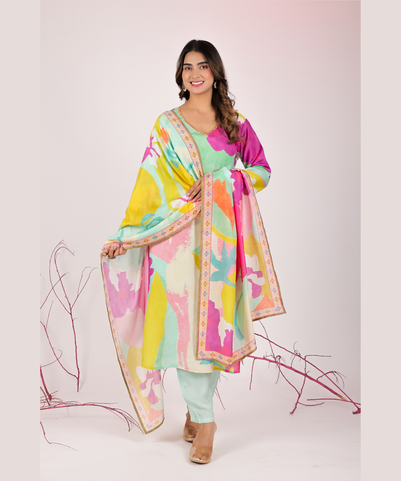 Multi Coloured Straight Suit with Pants in Muslin Fabric