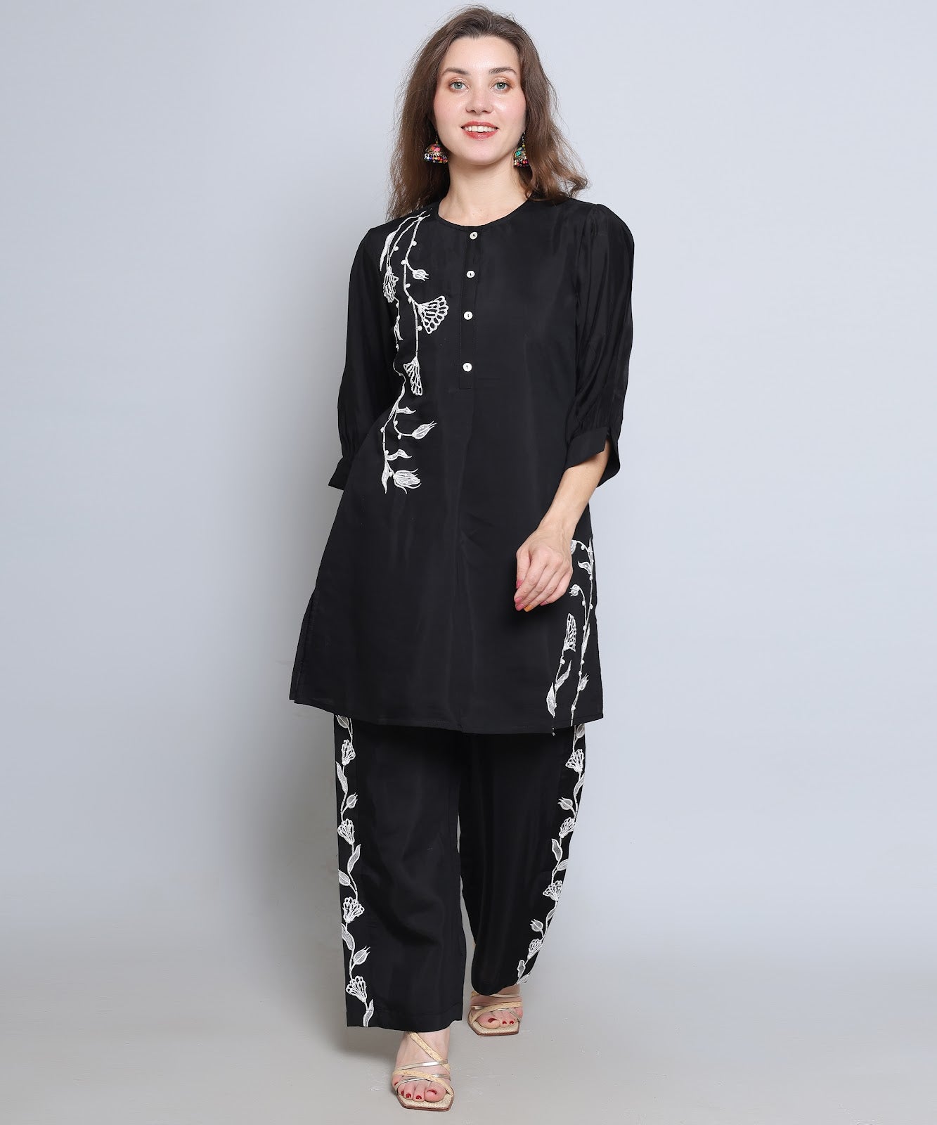 Black Co ord set with Embroidery in Cotton Silk Fabric