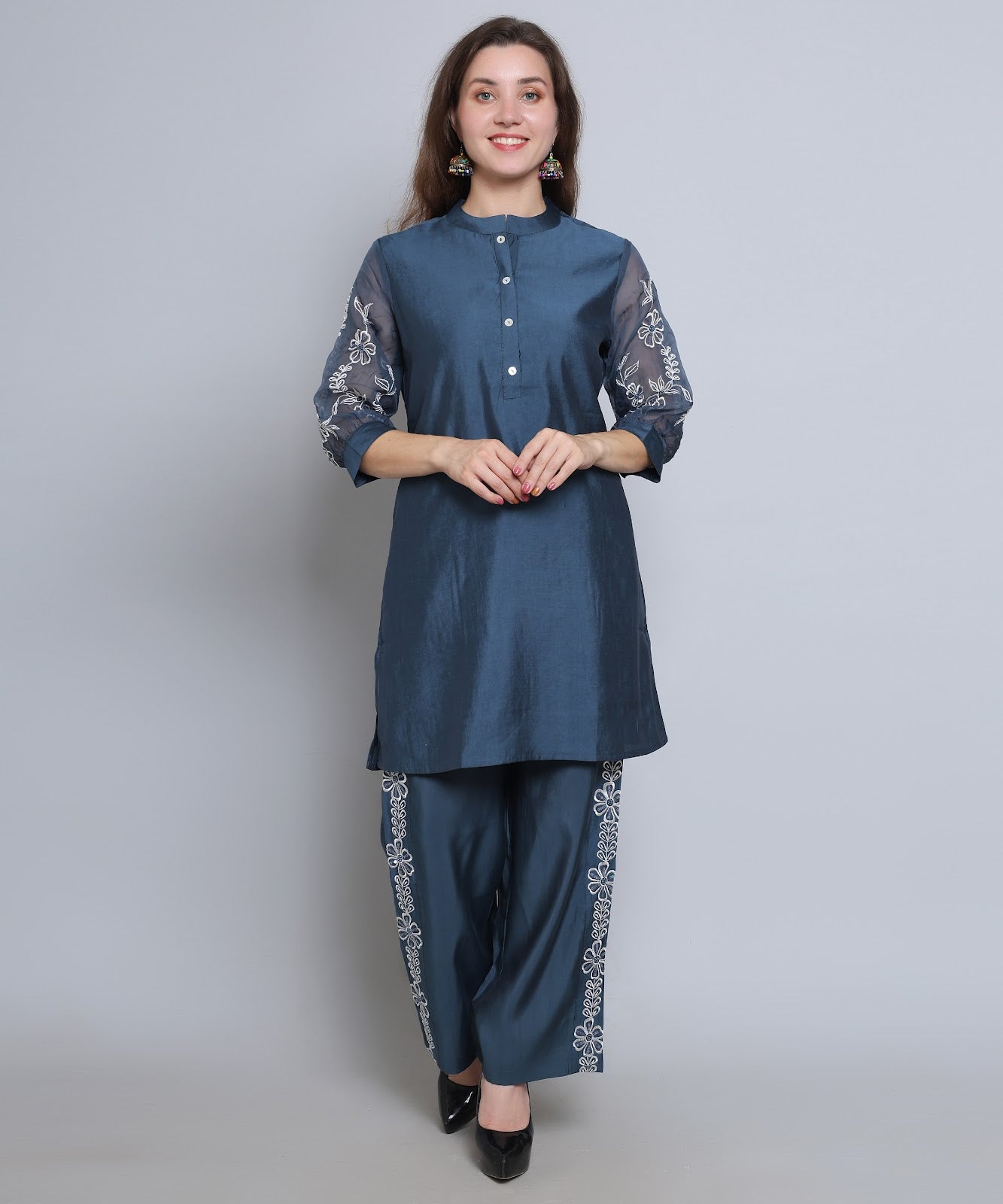 Blue Co ord Set in Cotton Silk fabric with Embroidery