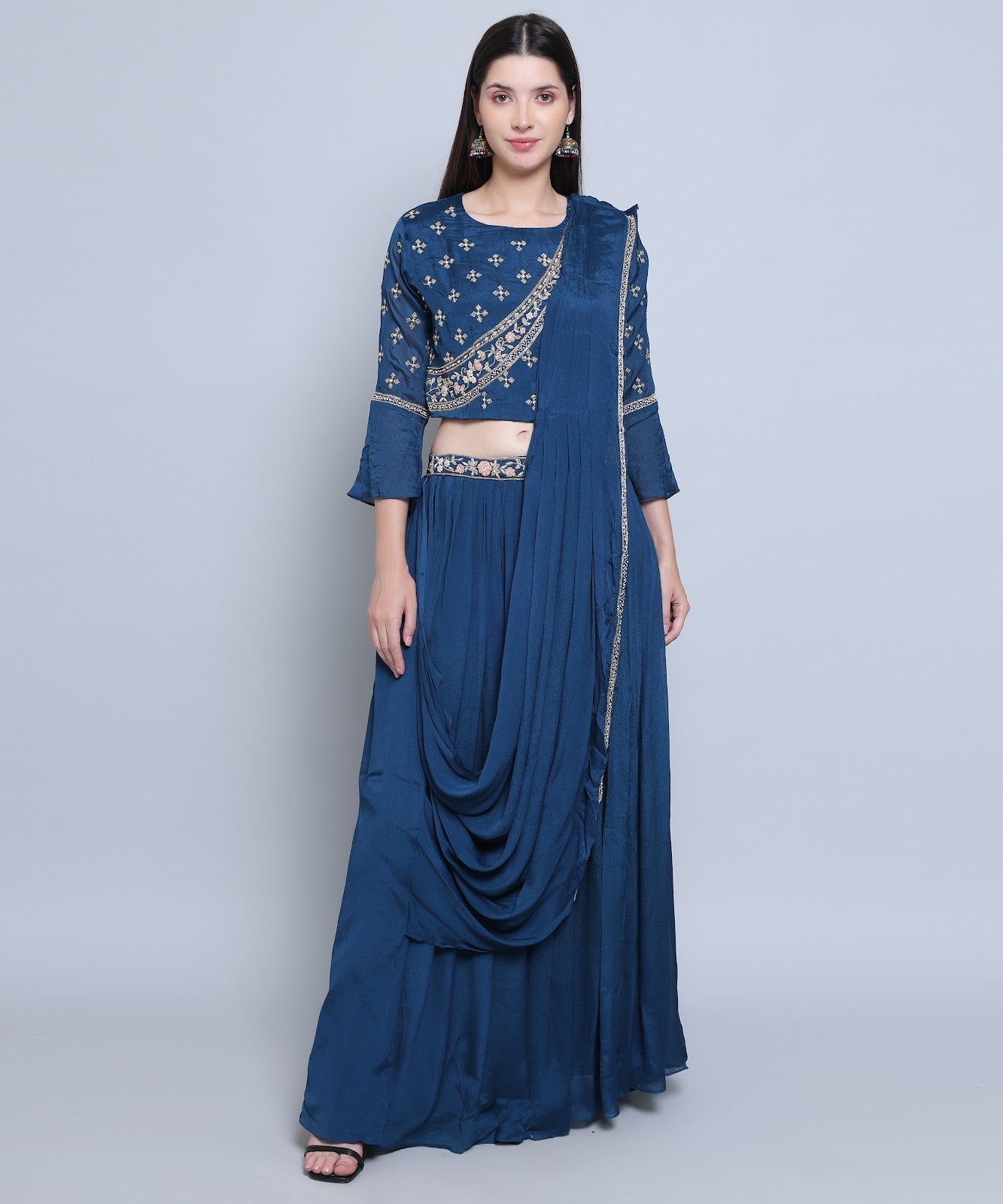 Blue Drape set with Skirt in Chinon Fabric with Hand Embroidery