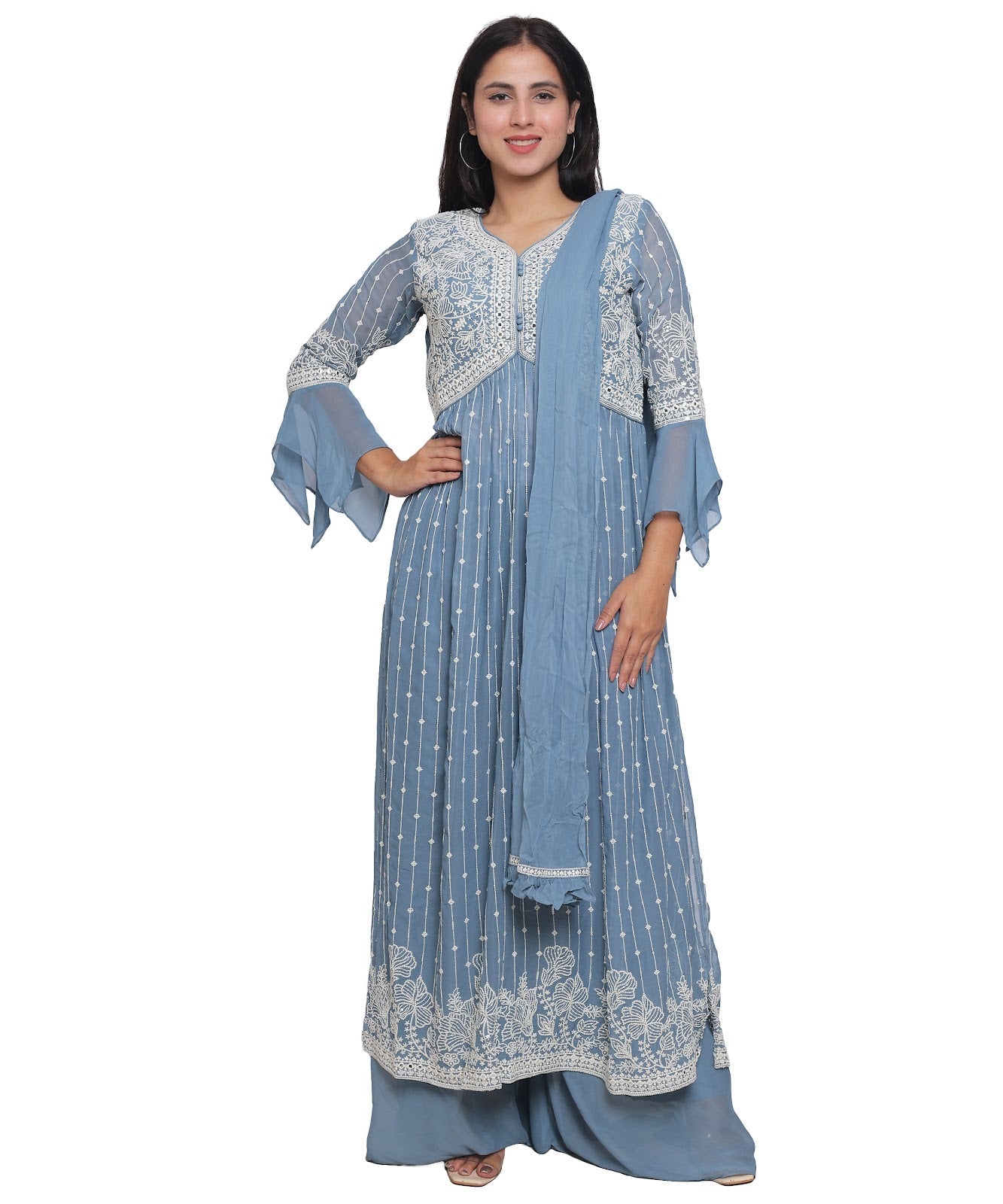 Blue Suit with Palazzo in Georgette with Hand Embroidery