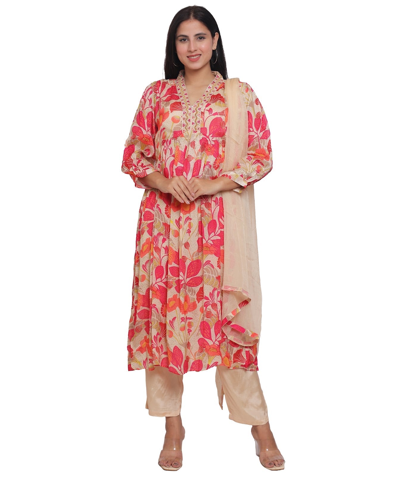 Floral Alia Cut Suit with Pants in Chinon with Handwork