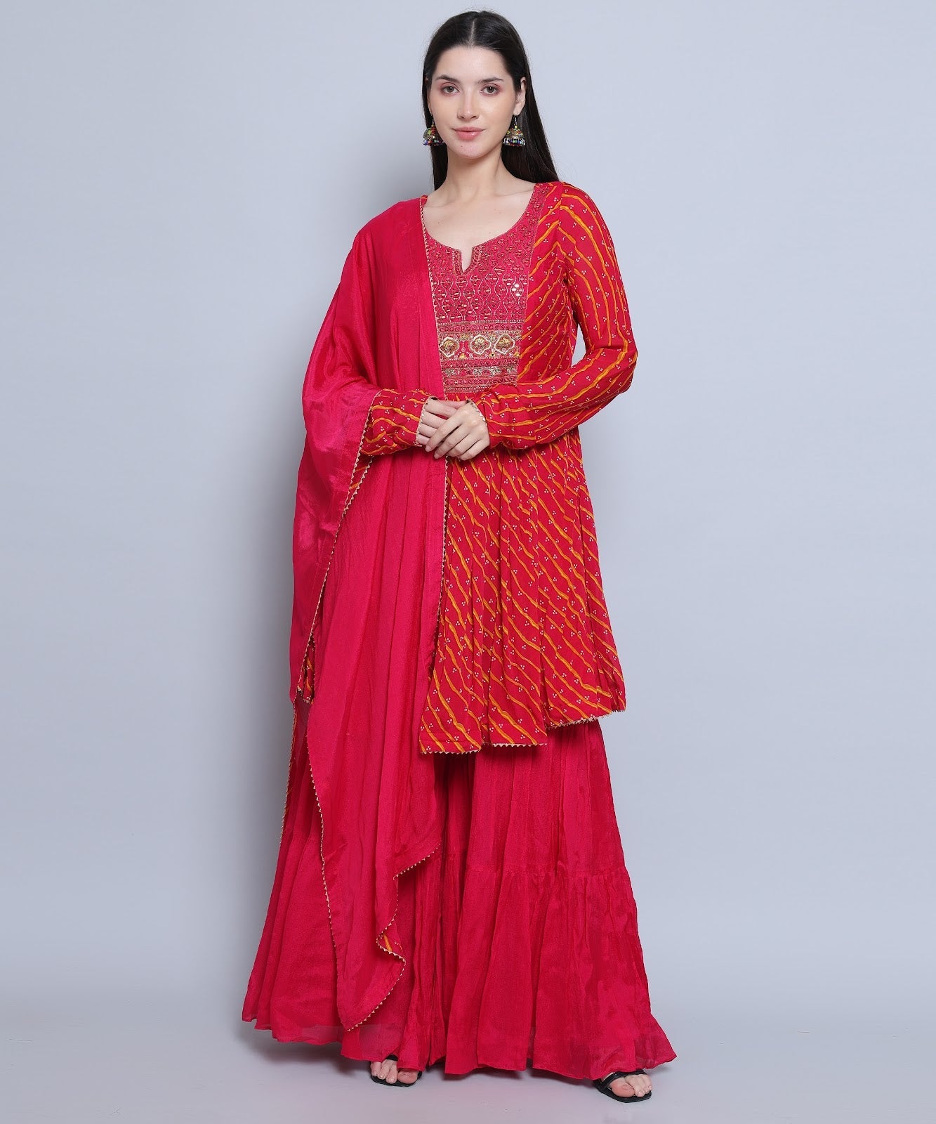 Fushia Pink Suit with Sharara in Chinon Fabric with Embroidery  