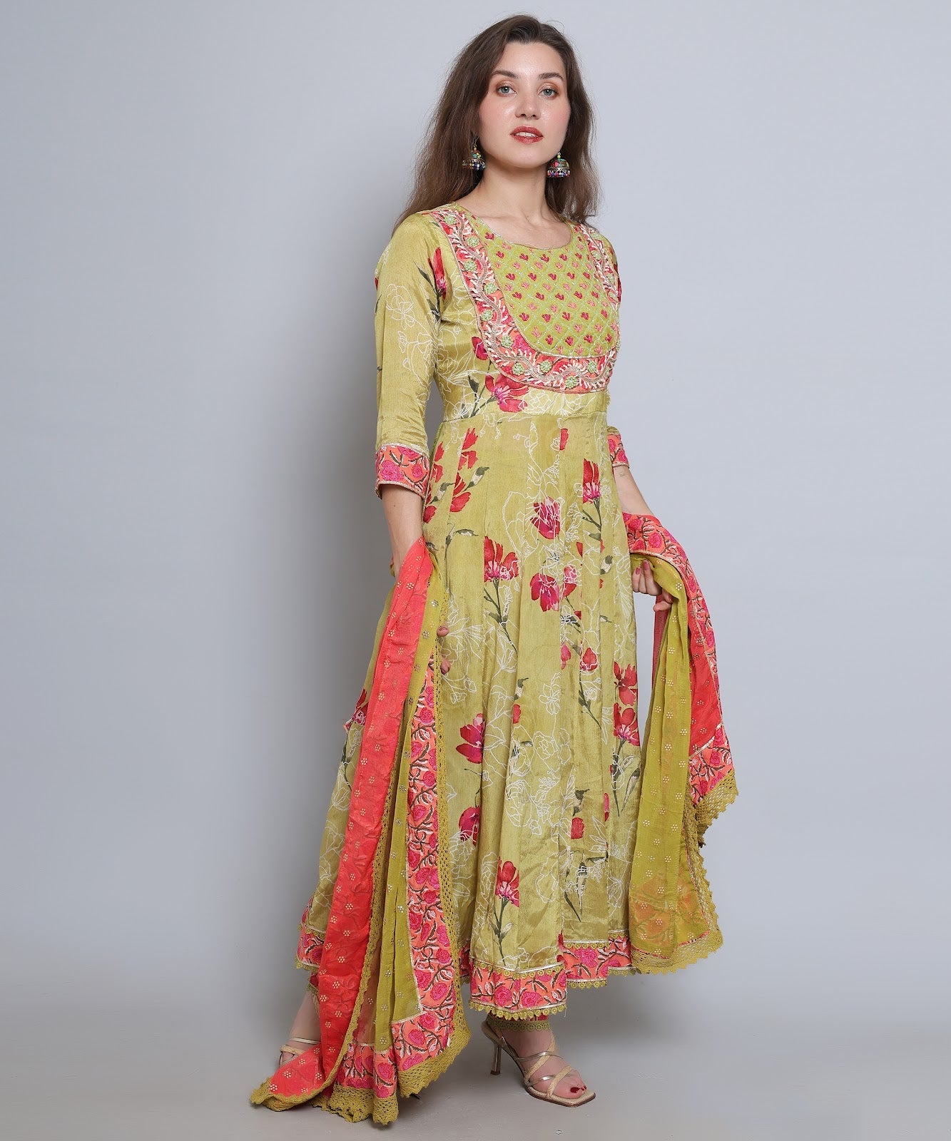 Green Anarkali with Pants in Chinon fabric with Embroidery