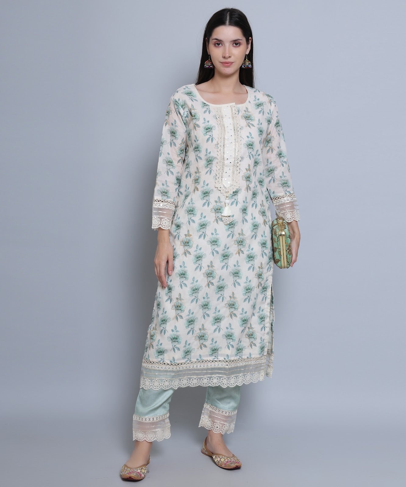 Green Floral Straight Suit with Pants in Mulmul Cotton with Crochet 